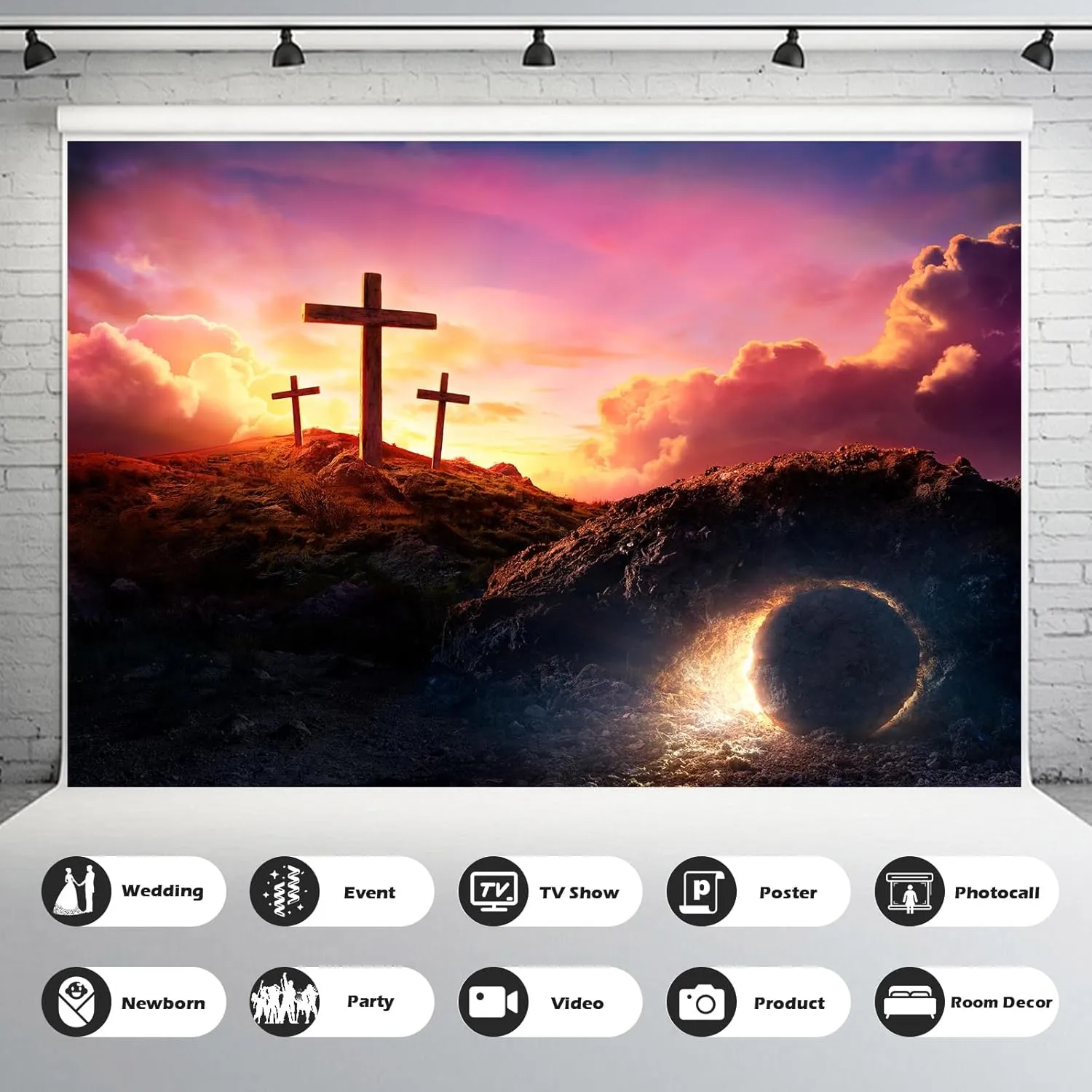 Empty Tomb Backdrop Sunrise Sunset Jesus Christ Crucifixion Resurrection Cave Photography Background Hole Holy Lights Easter Background Three Crosses Jesus Christ Background Props Banner 7x5ft