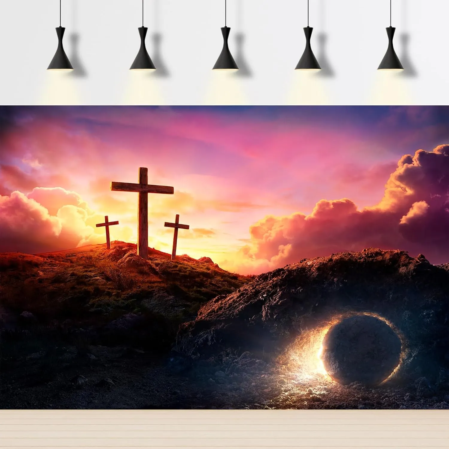 Empty Tomb Backdrop Sunrise Sunset Jesus Christ Crucifixion Resurrection Cave Photography Background Hole Holy Lights Easter Background Three Crosses Jesus Christ Background Props Banner 7x5ft