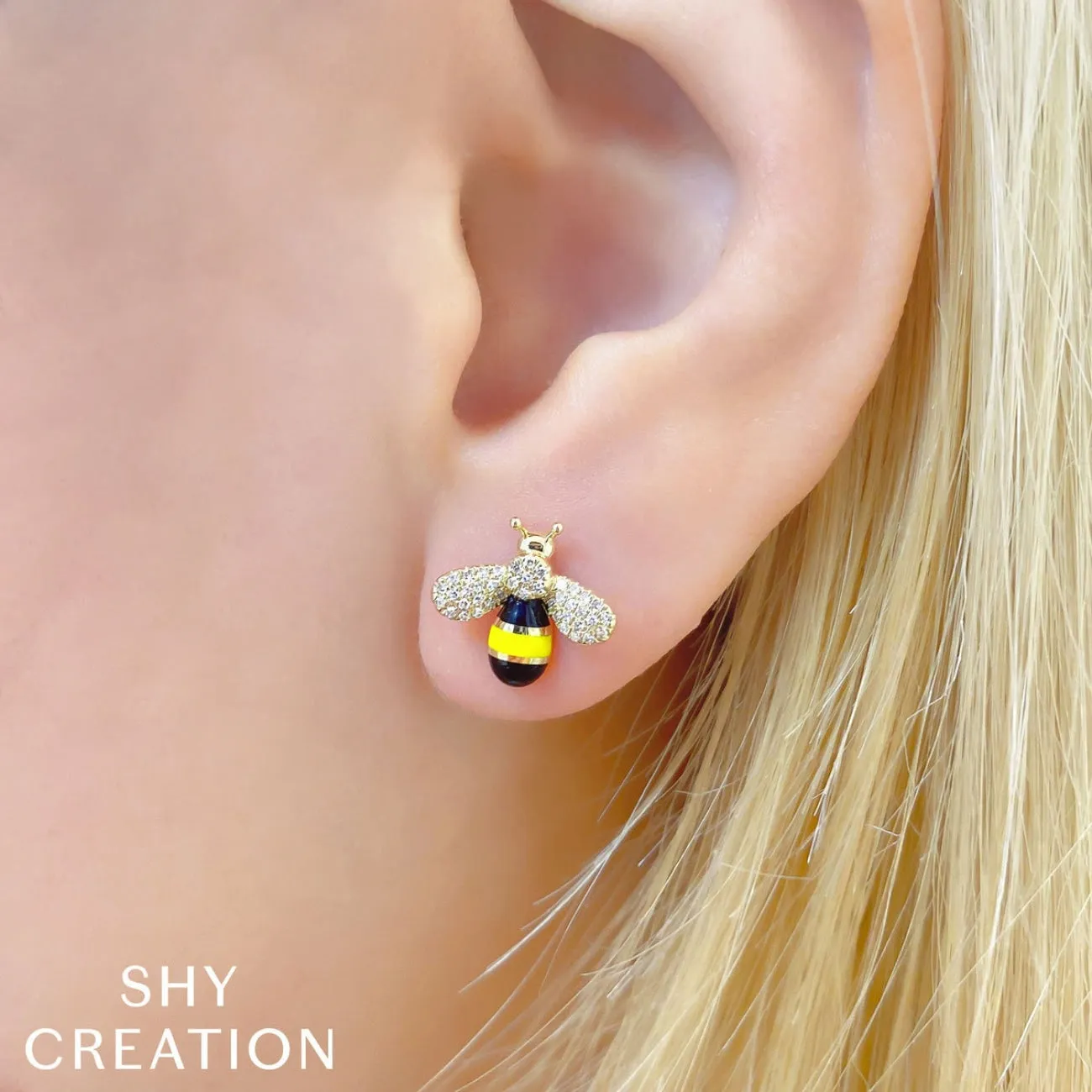 Enamel 14K Yellow Gold Diamond Bee Studs Earrings