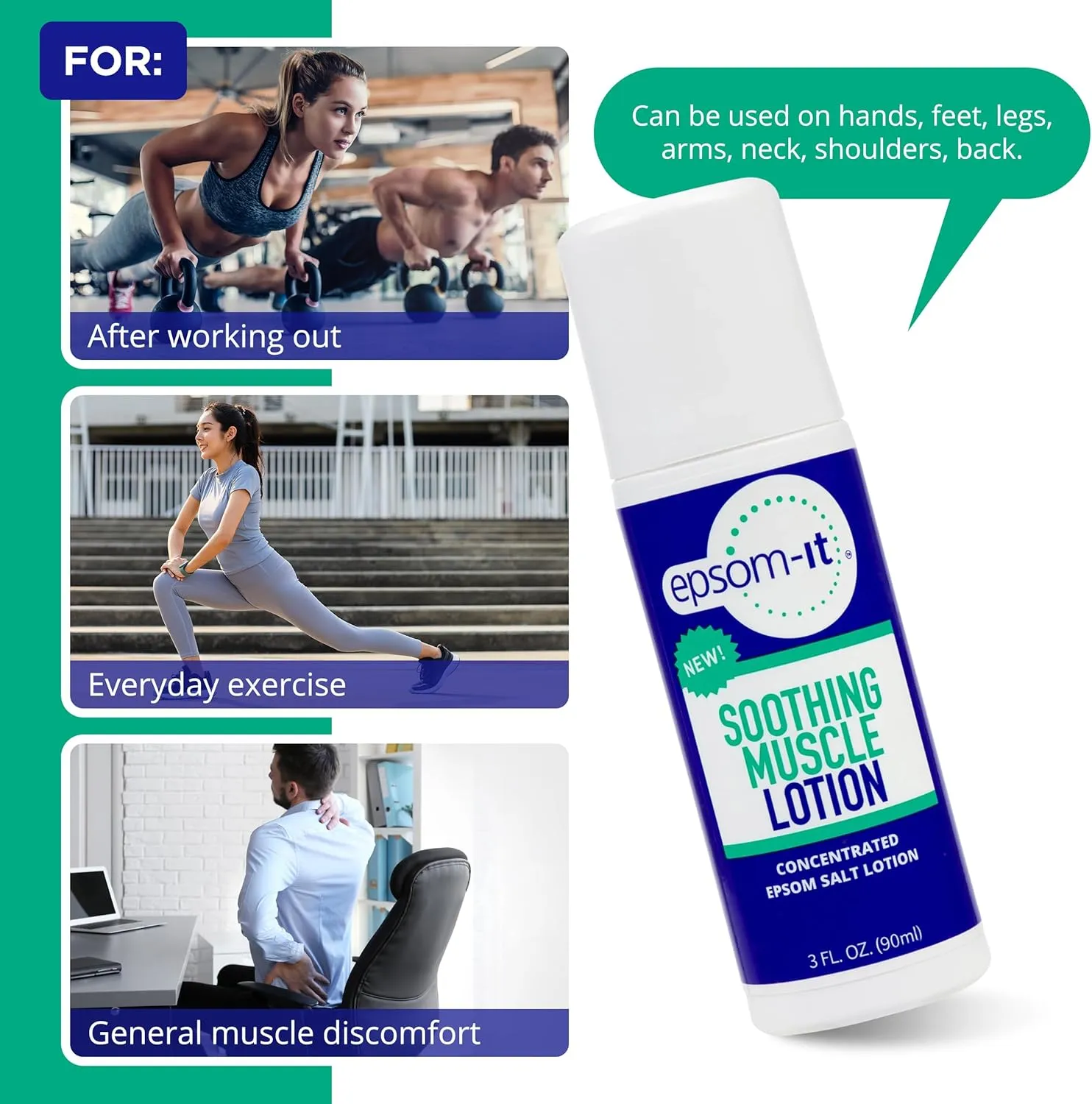 Epsom-It Soothing Muscle Lotion - Roll On Epsom Salt Lotion with Arnica for Muscle Stiffness, Leg, Knees and Feet Discomfort, Topical Magnesium Cream, 3oz