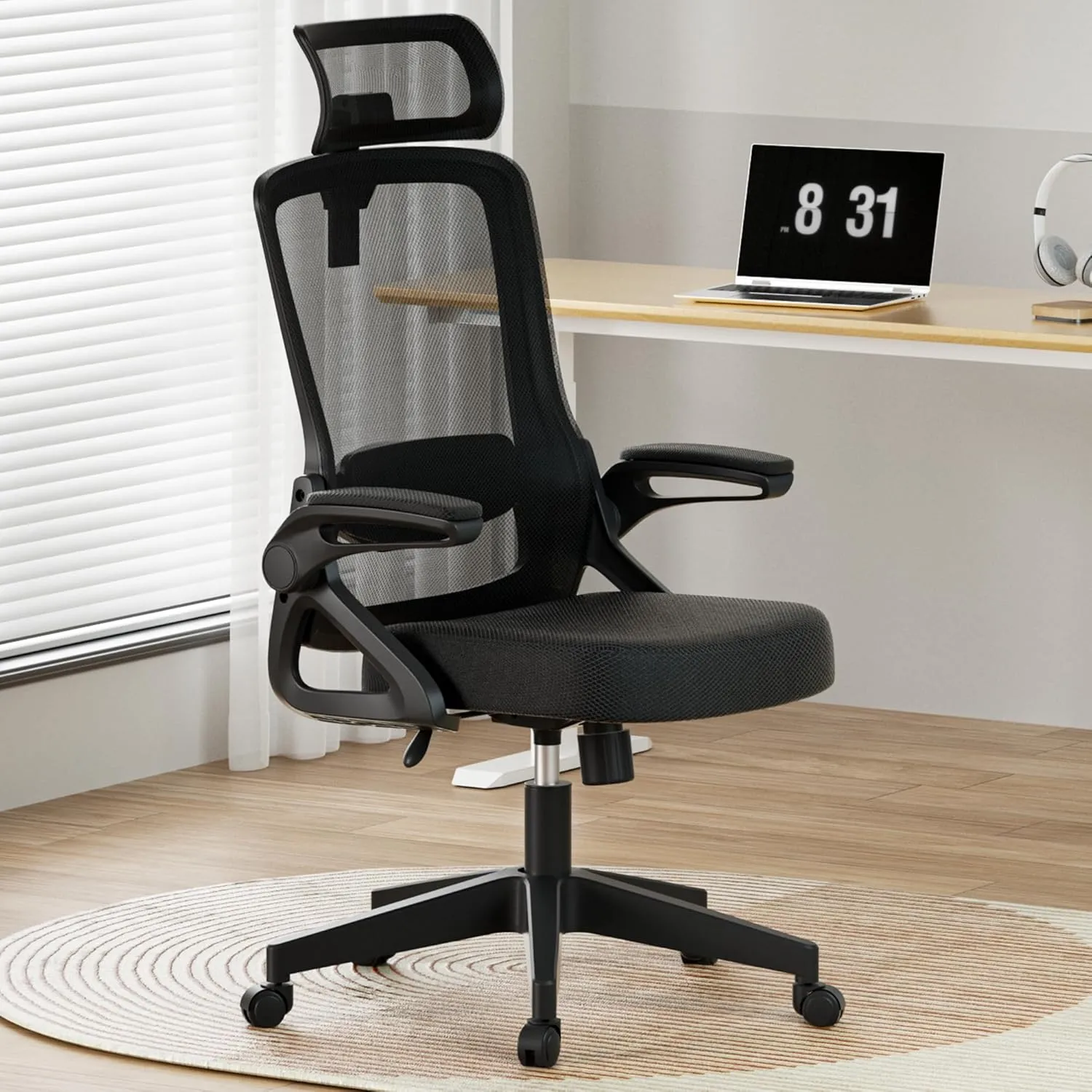 Ergonomic Office Chair, Adjustable Lumbar Support & Rotatable Headrest, 90° Flip-Up Armrests – Breathable Mesh Desk Chair with Thickened Cushion, 360 Swivel – Easy Assemble for Home/Gaming/Office