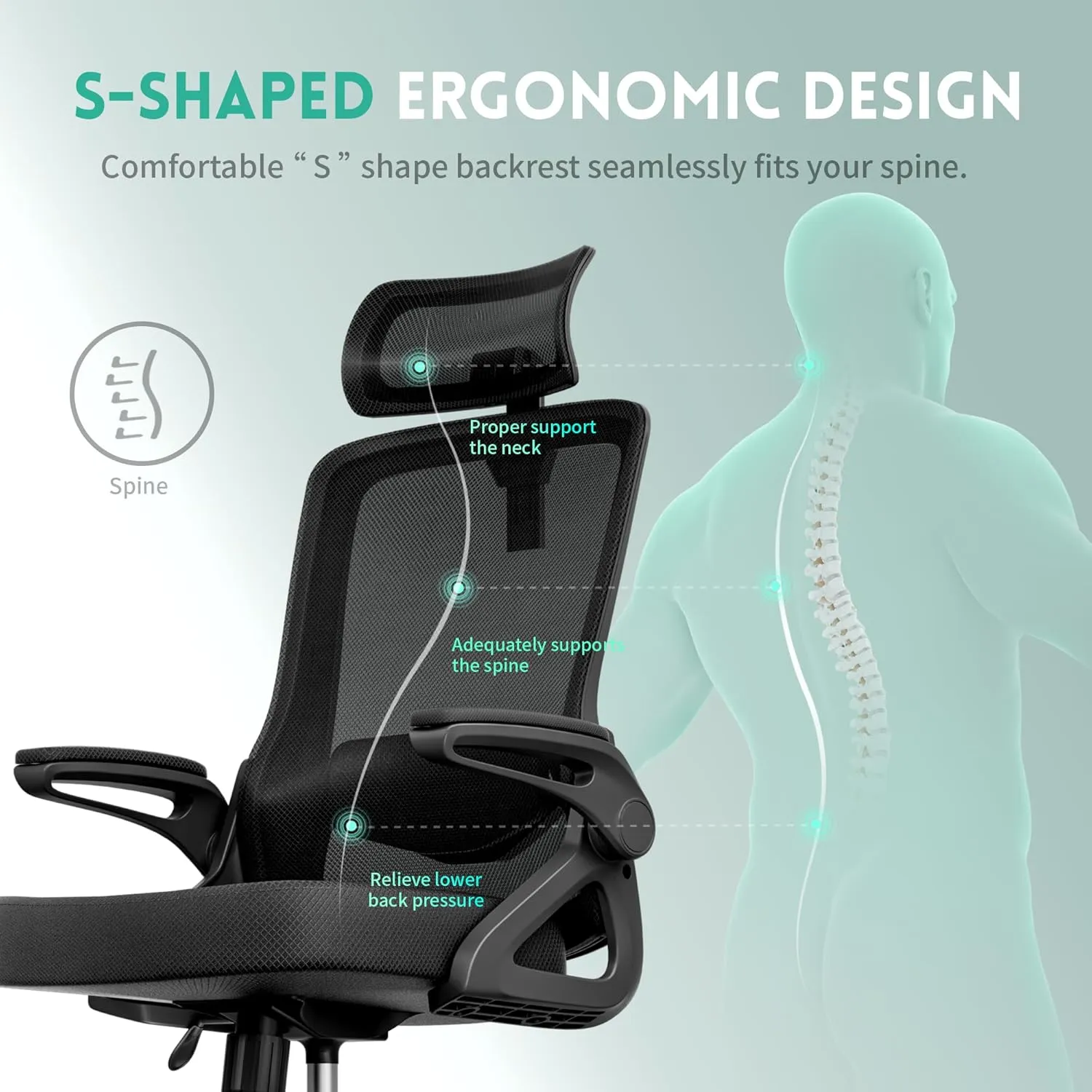 Ergonomic Office Chair, Adjustable Lumbar Support & Rotatable Headrest, 90° Flip-Up Armrests – Breathable Mesh Desk Chair with Thickened Cushion, 360 Swivel – Easy Assemble for Home/Gaming/Office
