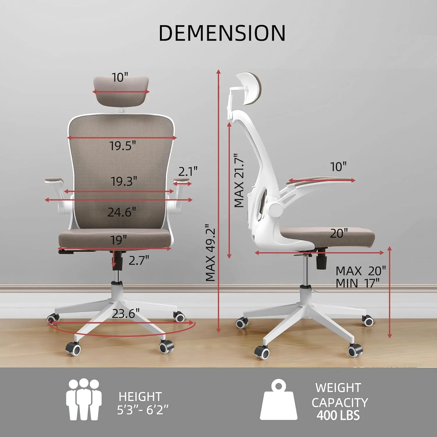 Ergonomic Office Chair, High Back Desk Chair with 2D Headrest, Mesh Office Chair with Flip-Up Arms, Up&Down Lumbar Support, 90-135° Tilt Lock Big and Tall Computer Desk Chairs for Office Home