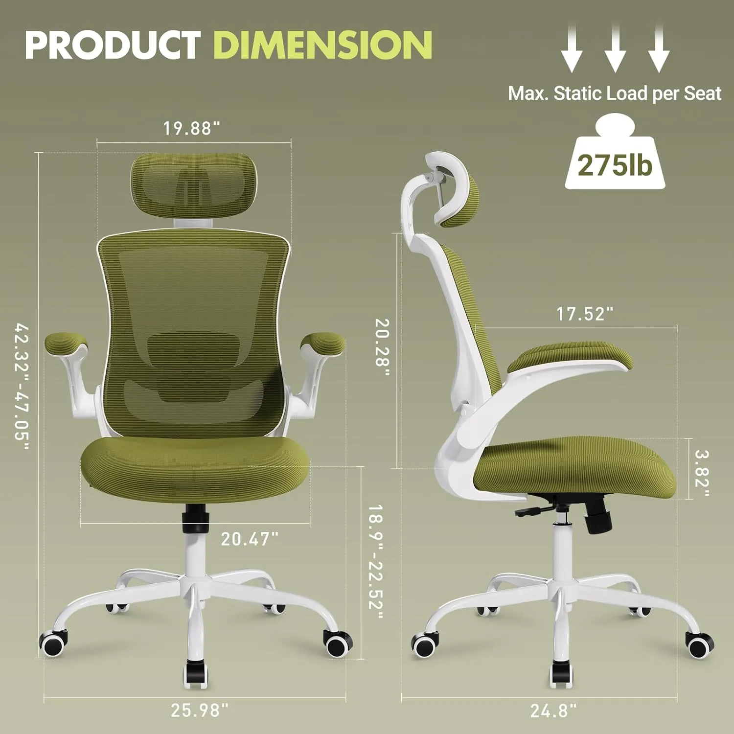 Ergonomic Office Chair with Adjustable Lumbar Support & Headrest, High Back Mesh Desk Chair with Flip-Up Armrests, Breathable & Comfortable Computer Chair for Home, Office & Study –Green