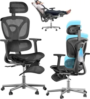 Ergonomic Office Chair with Foot Rest, Big and Tall Computer Mesh Chair with 3D Adjustable Headrest and 4D Armrest, 350 LBS Capacity Reclining Wide Home Office Desk Chairs