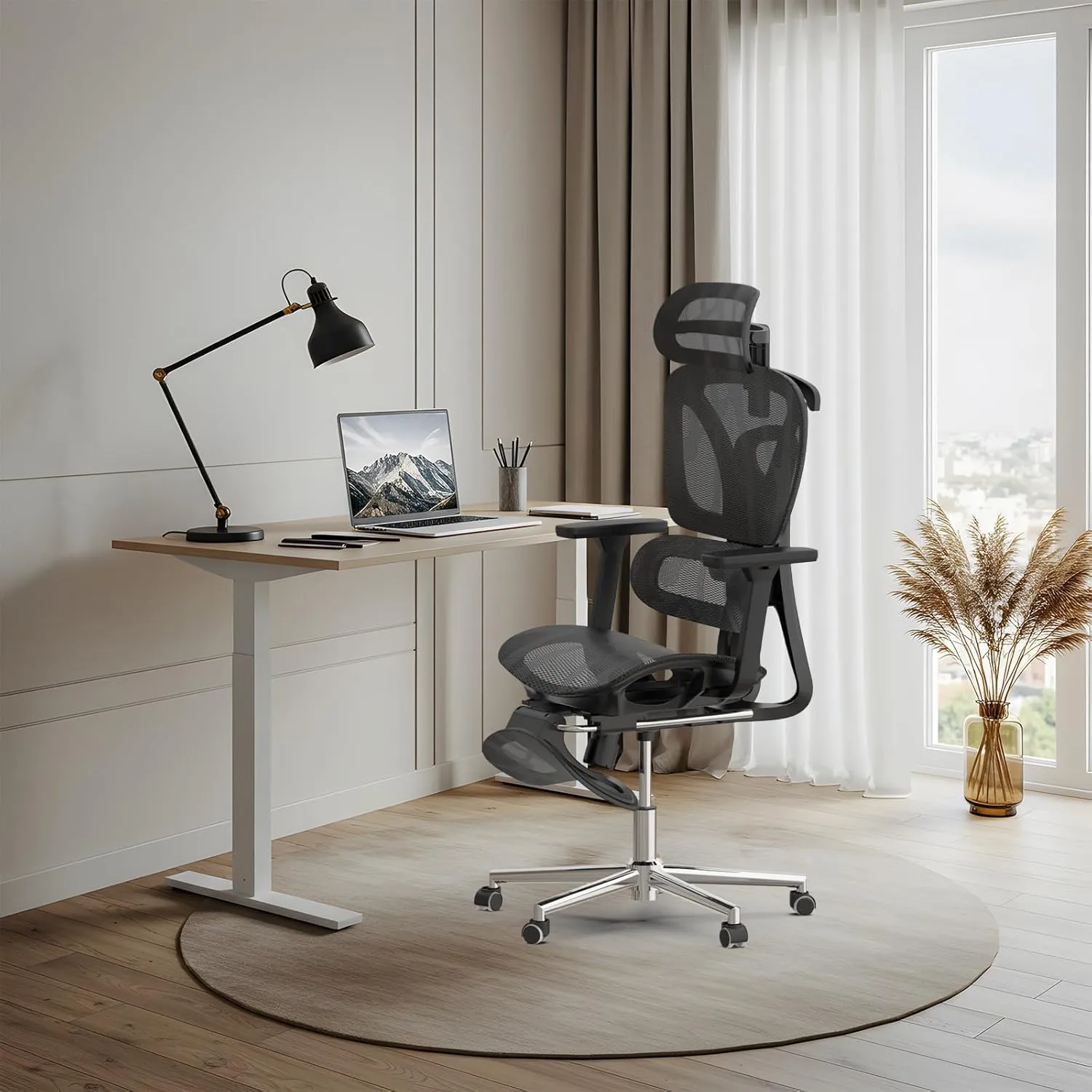 Ergonomic Office Chair with Foot Rest, Big and Tall Computer Mesh Chair with 3D Adjustable Headrest and 4D Armrest, 350 LBS Capacity Reclining Wide Home Office Desk Chairs