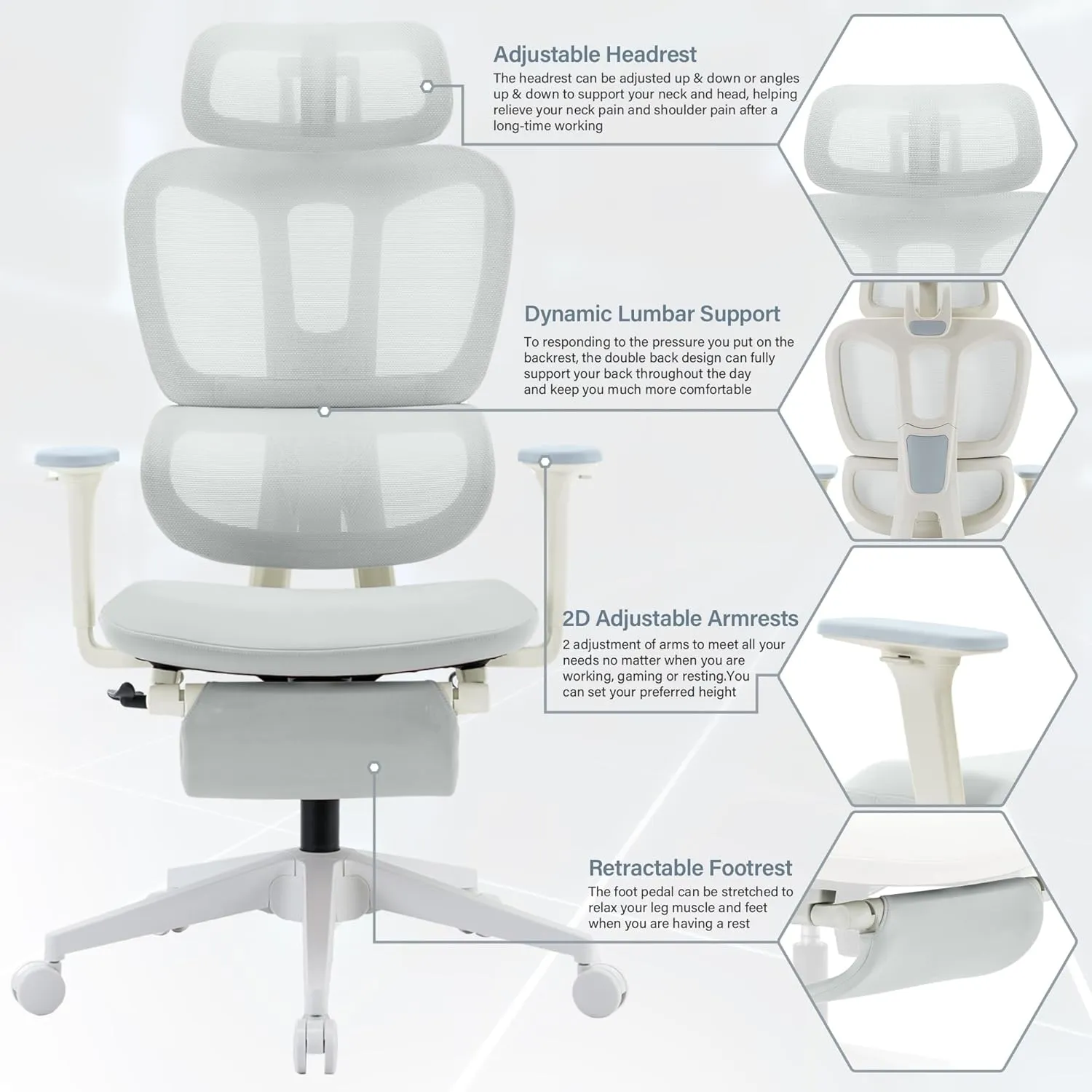 Ergonomic Office Chair with Footrest, High Back Computer Office Chair with Dynamic Lumbar Support, 2D Headrest, 2D Armrest, Sponge Seat, Mesh Home Office Desk Chair for Adults, Light Grey