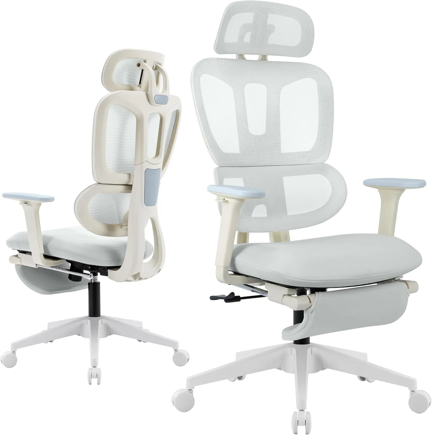 Ergonomic Office Chair with Footrest, High Back Computer Office Chair with Dynamic Lumbar Support, 2D Headrest, 2D Armrest, Sponge Seat, Mesh Home Office Desk Chair for Adults, Light Grey
