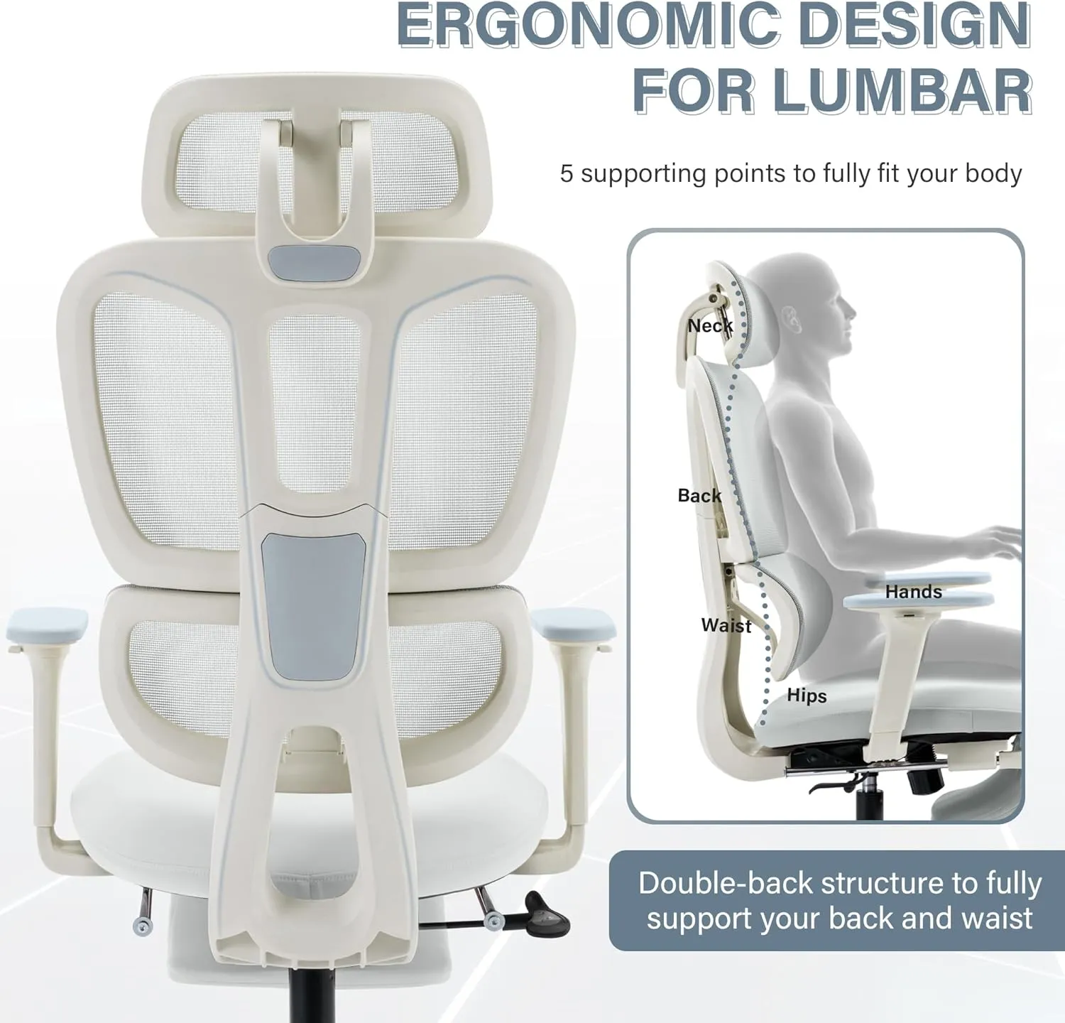 Ergonomic Office Chair with Footrest, High Back Computer Office Chair with Dynamic Lumbar Support, 2D Headrest, 2D Armrest, Sponge Seat, Mesh Home Office Desk Chair for Adults, Light Grey
