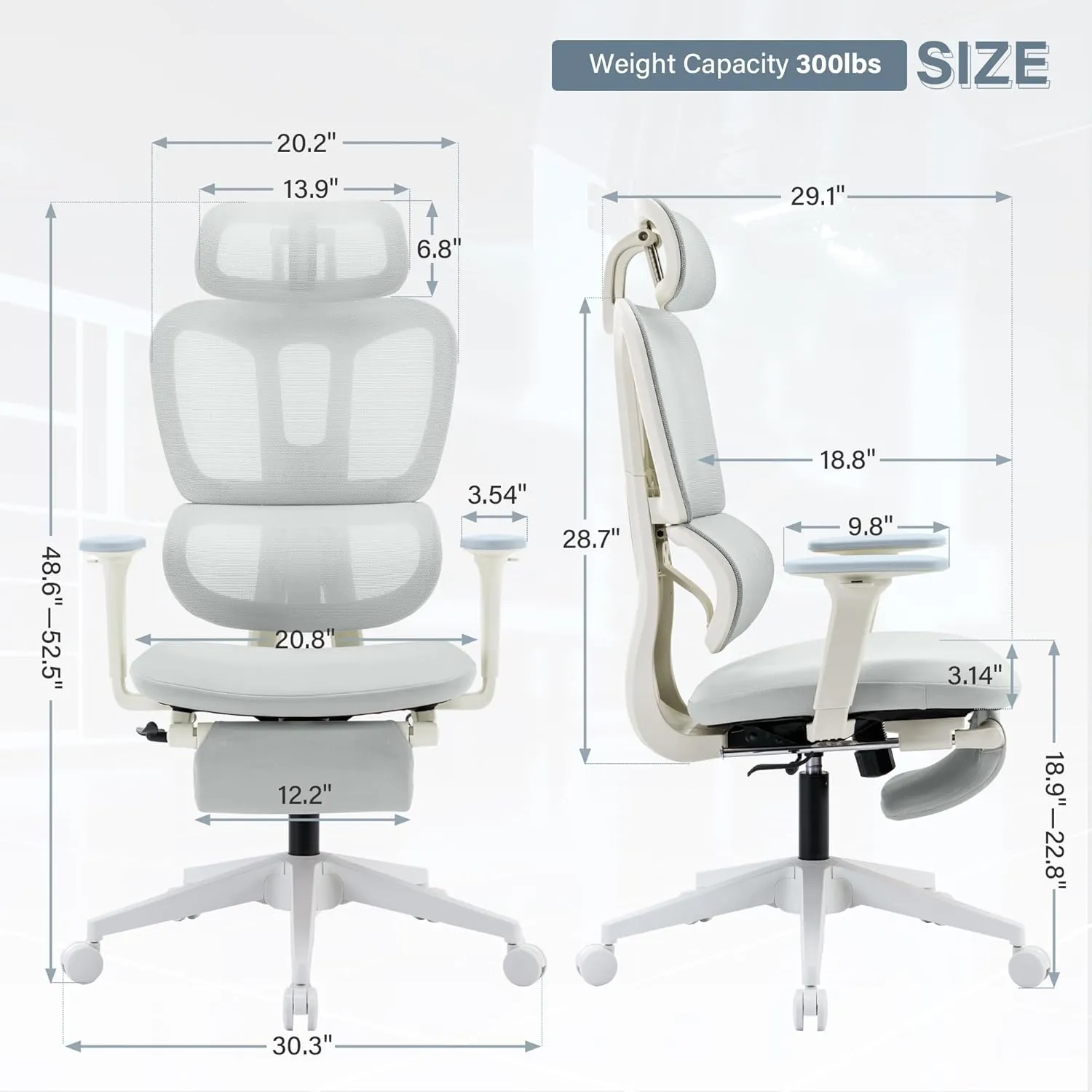 Ergonomic Office Chair with Footrest, High Back Computer Office Chair with Dynamic Lumbar Support, 2D Headrest, 2D Armrest, Sponge Seat, Mesh Home Office Desk Chair for Adults, Light Grey