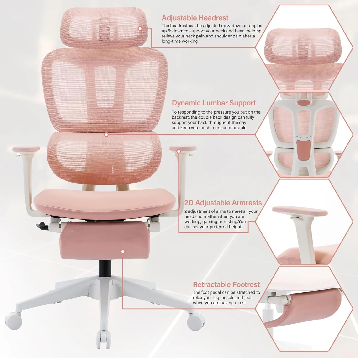 Ergonomic Office Chair with Footrest, High Back Computer Office Chair with Dynamic Lumbar Support, 2D Headrest, 2D Armrest, Sponge Seat, Mesh Home Office Desk Chair for Adults, Pink