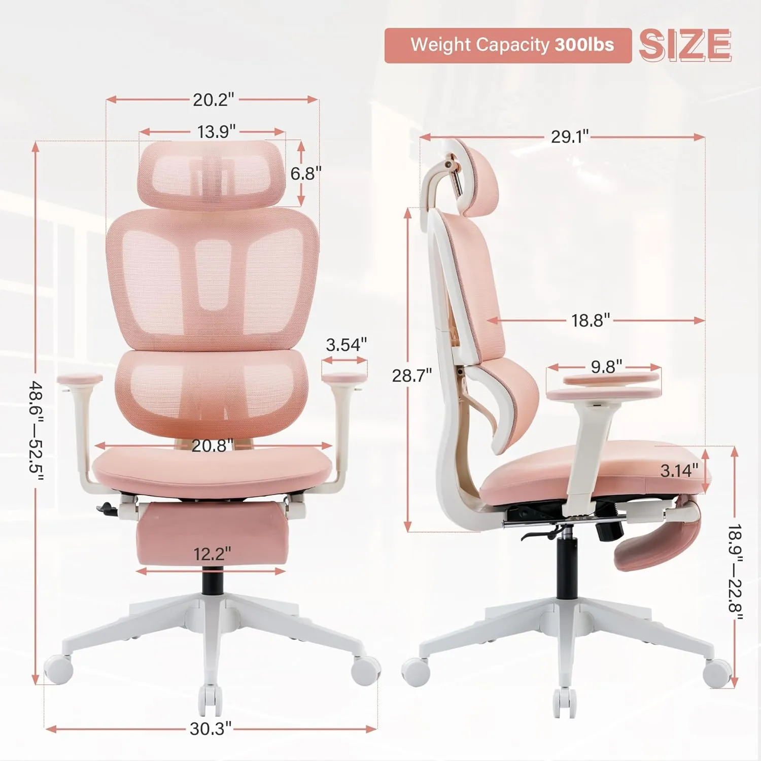Ergonomic Office Chair with Footrest, High Back Computer Office Chair with Dynamic Lumbar Support, 2D Headrest, 2D Armrest, Sponge Seat, Mesh Home Office Desk Chair for Adults, Pink