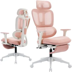 Ergonomic Office Chair with Footrest, High Back Computer Office Chair with Dynamic Lumbar Support, 2D Headrest, 2D Armrest, Sponge Seat, Mesh Home Office Desk Chair for Adults, Pink