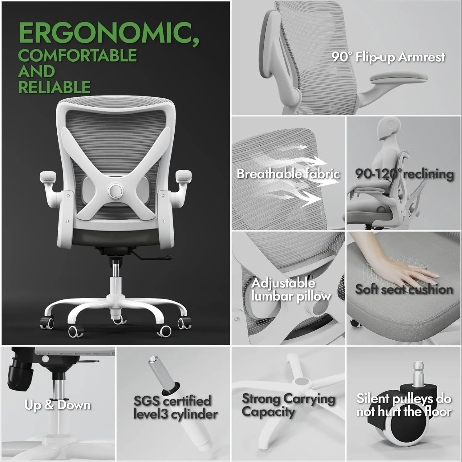 Ergonomic Office Chair with Lumbar Support - Adjustable Computer Desk Chairs for Home Office, Gaming, and Work - Comfortable and Supportive Desk Chairs for Adults(Grey)