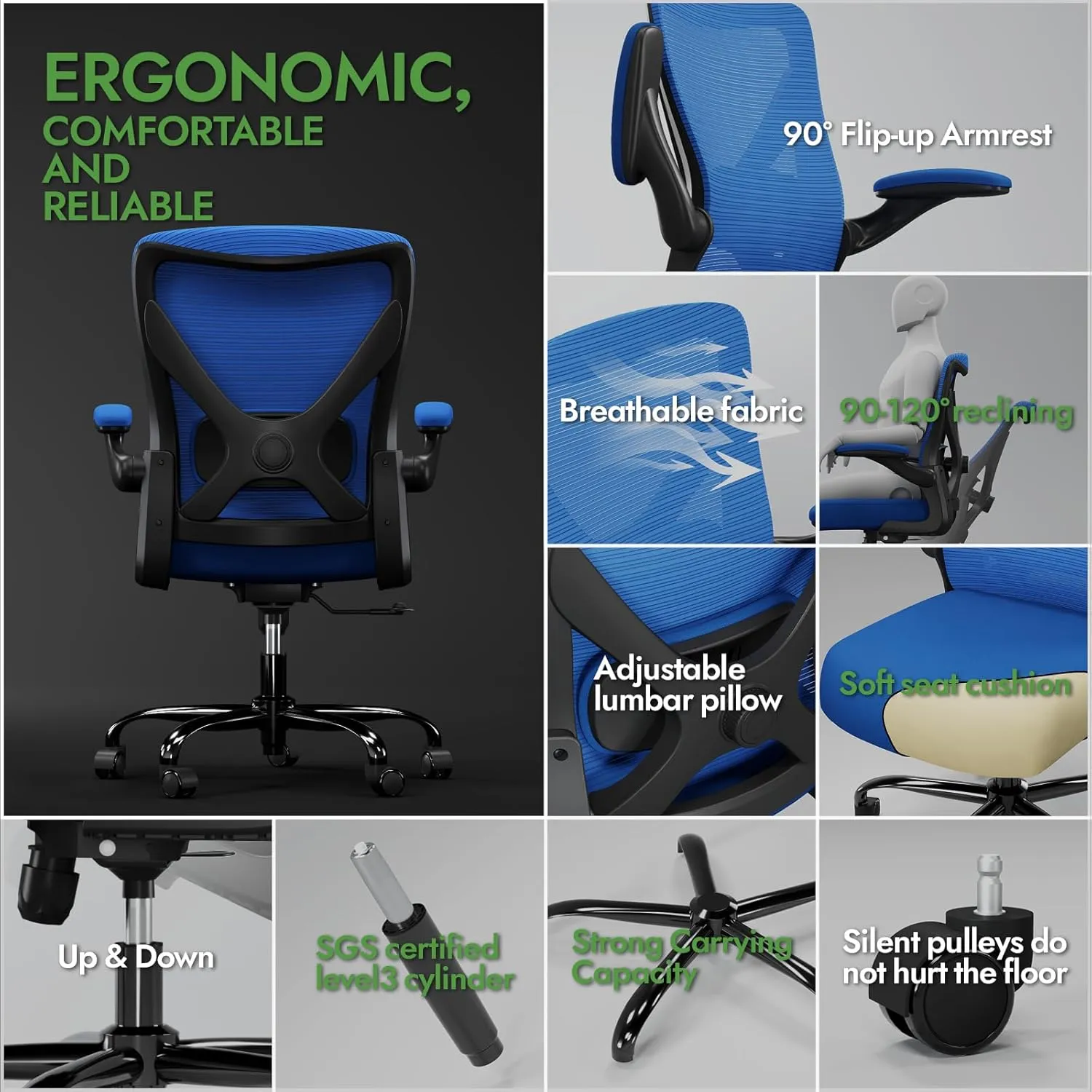 Ergonomic Office Chair - X-Shaped Computer Desk Chair Comfy, Gaming Chair, Office Chair with Lumbar Support, Mesh Office Chairs, Desk Chair for Long Hours(Black Blue)