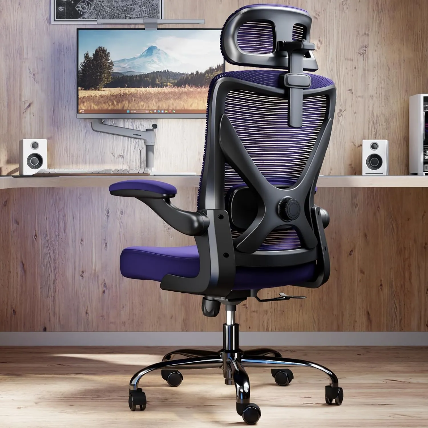 Ergonomic Office Chair - X-Shaped Computer Desk Chair Comfy, Gaming Chair, Office Chair with Lumbar Support, Mesh Office Chairs with Headrests, Desk Chair for Long Hours (Black Purple)