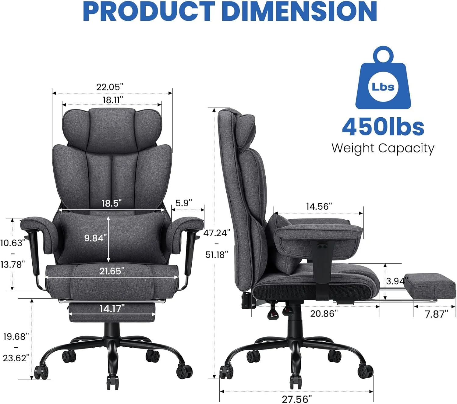 Executive Office Chair Big and Tall with Massage 450lbs Heavy Duty Desk Chair with Lumbar Support Reclining Office Chair with Footrest High Back Ergonomic Fabric Chair for Heavy People Dark Gray