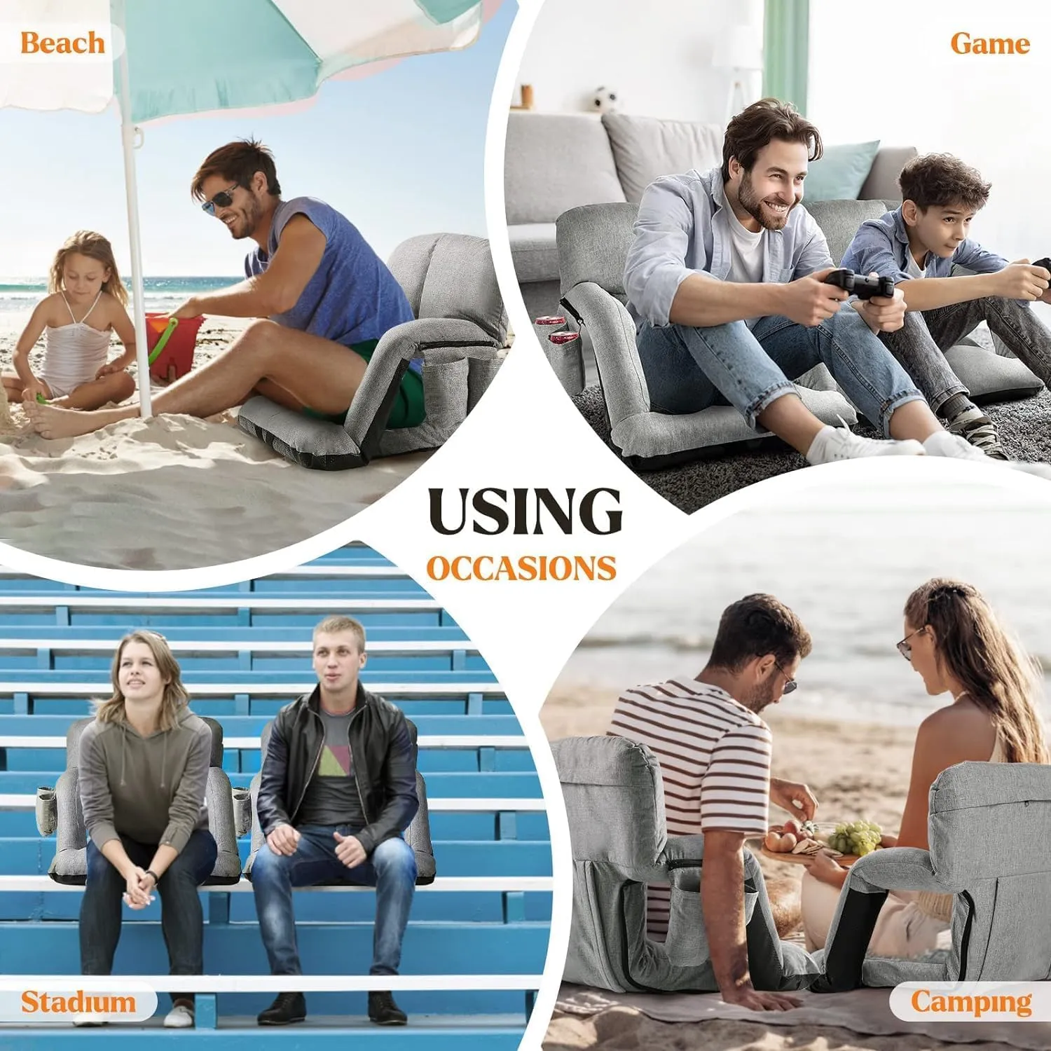 Extra Wide Stadium Seats with Back Support, 2 Pack Bleacher Chairs with Back and Cushion, 6 Reclining Positions, Stadium Chair Bleacher Seat with Armrests for Sport Events, Camping (Grey, 25")