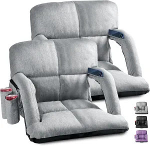 Extra Wide Stadium Seats with Back Support, 2 Pack Bleacher Chairs with Back and Cushion, 6 Reclining Positions, Stadium Chair Bleacher Seat with Armrests for Sport Events, Camping (Grey, 25")