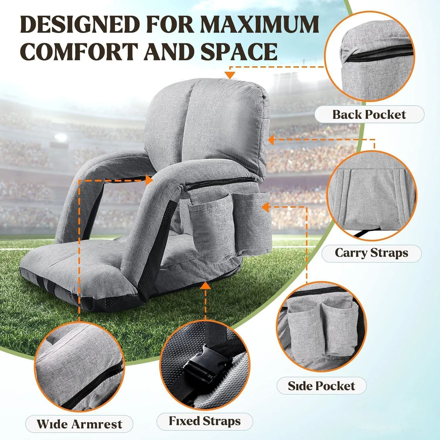 Extra Wide Stadium Seats with Back Support, 2 Pack Bleacher Chairs with Back and Cushion, 6 Reclining Positions, Stadium Chair Bleacher Seat with Armrests for Sport Events, Camping (Grey, 25")