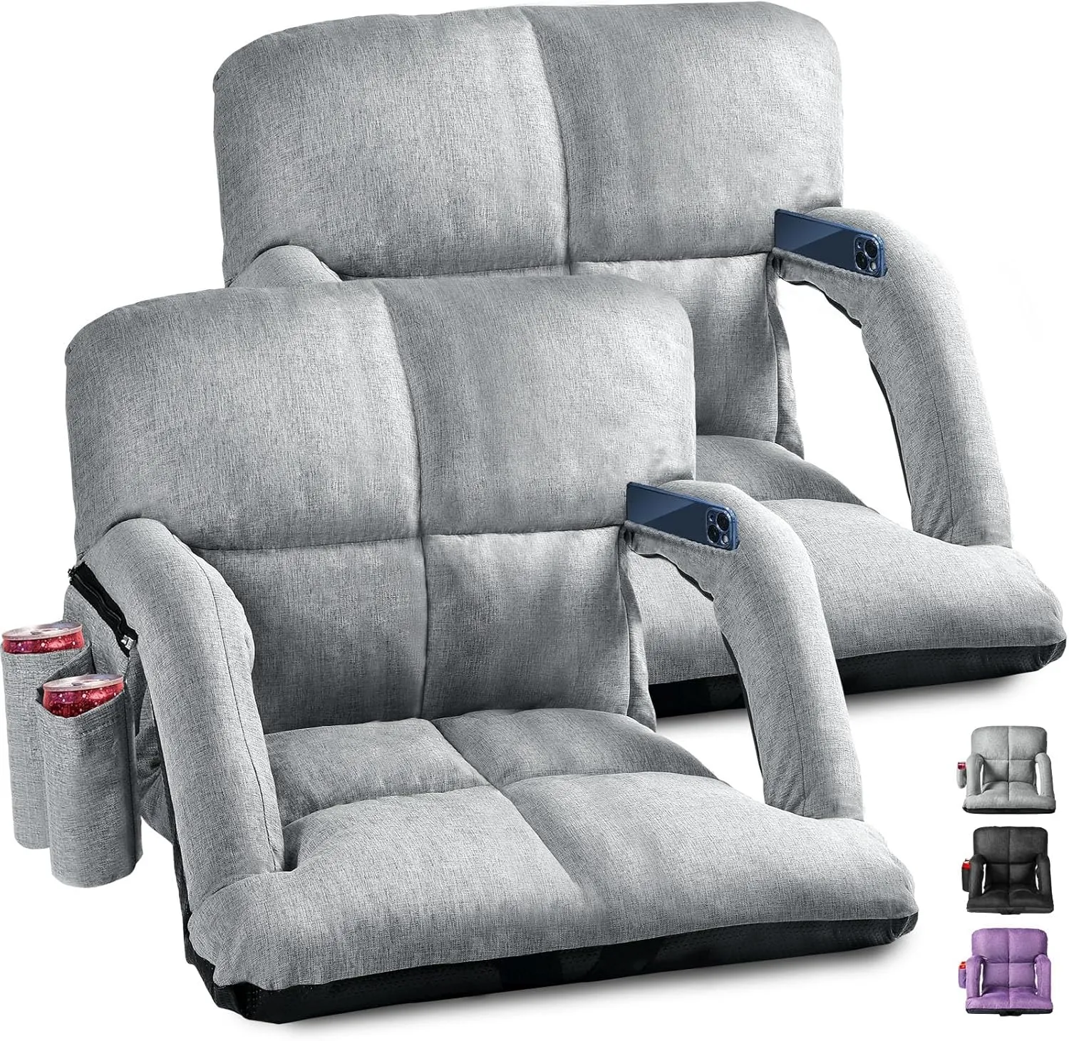 Extra Wide Stadium Seats with Back Support, 2 Pack Bleacher Chairs with Back and Cushion, 6 Reclining Positions, Stadium Chair Bleacher Seat with Armrests for Sport Events, Camping (Grey, 25")