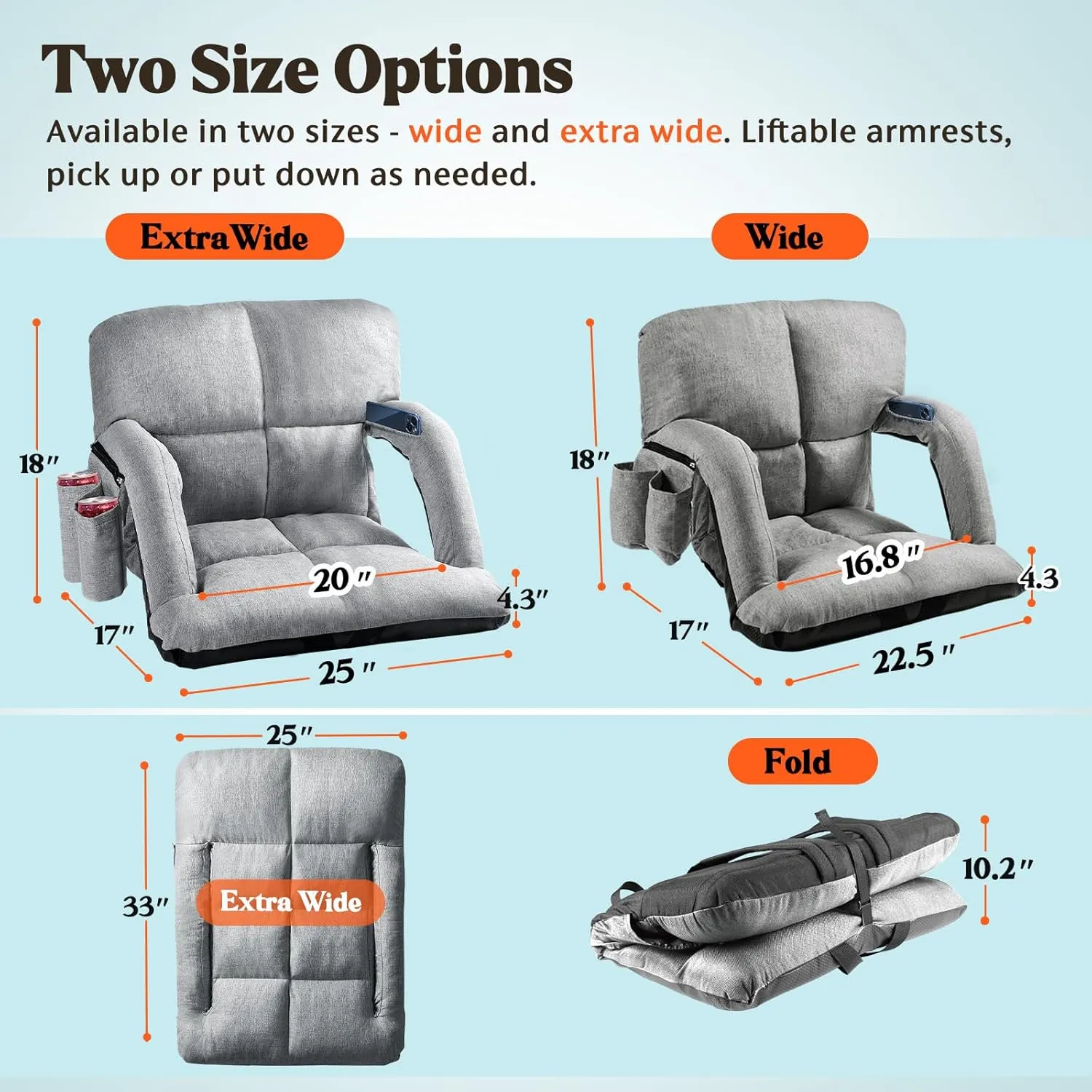 Extra Wide Stadium Seats with Back Support, 2 Pack Bleacher Chairs with Back and Cushion, 6 Reclining Positions, Stadium Chair Bleacher Seat with Armrests for Sport Events, Camping (Grey, 25")