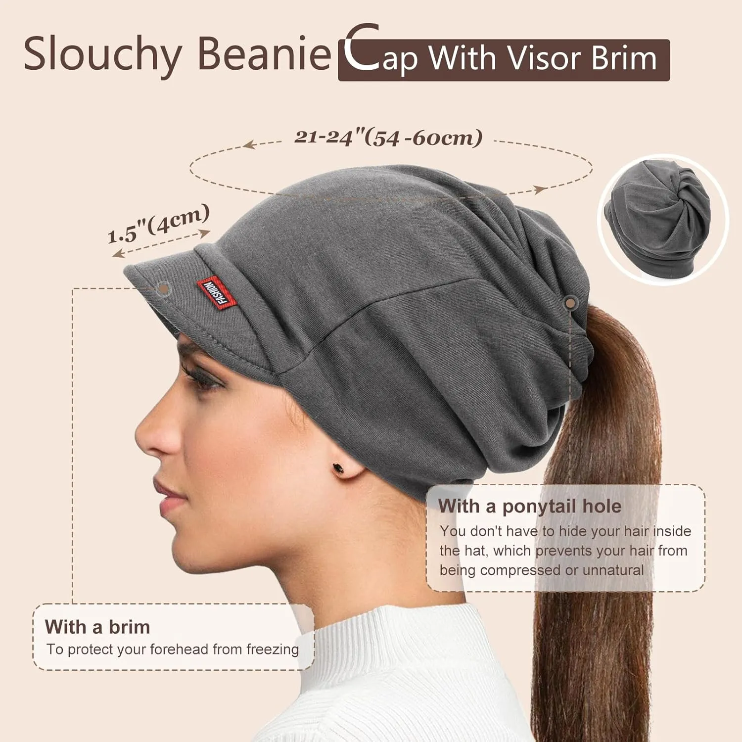 FADACHY Hat for Women - Soft Double-Layer Beanie with Ponytail Hole Spring Fall Winter Hats with Brim/Slouchy Beanie Cap