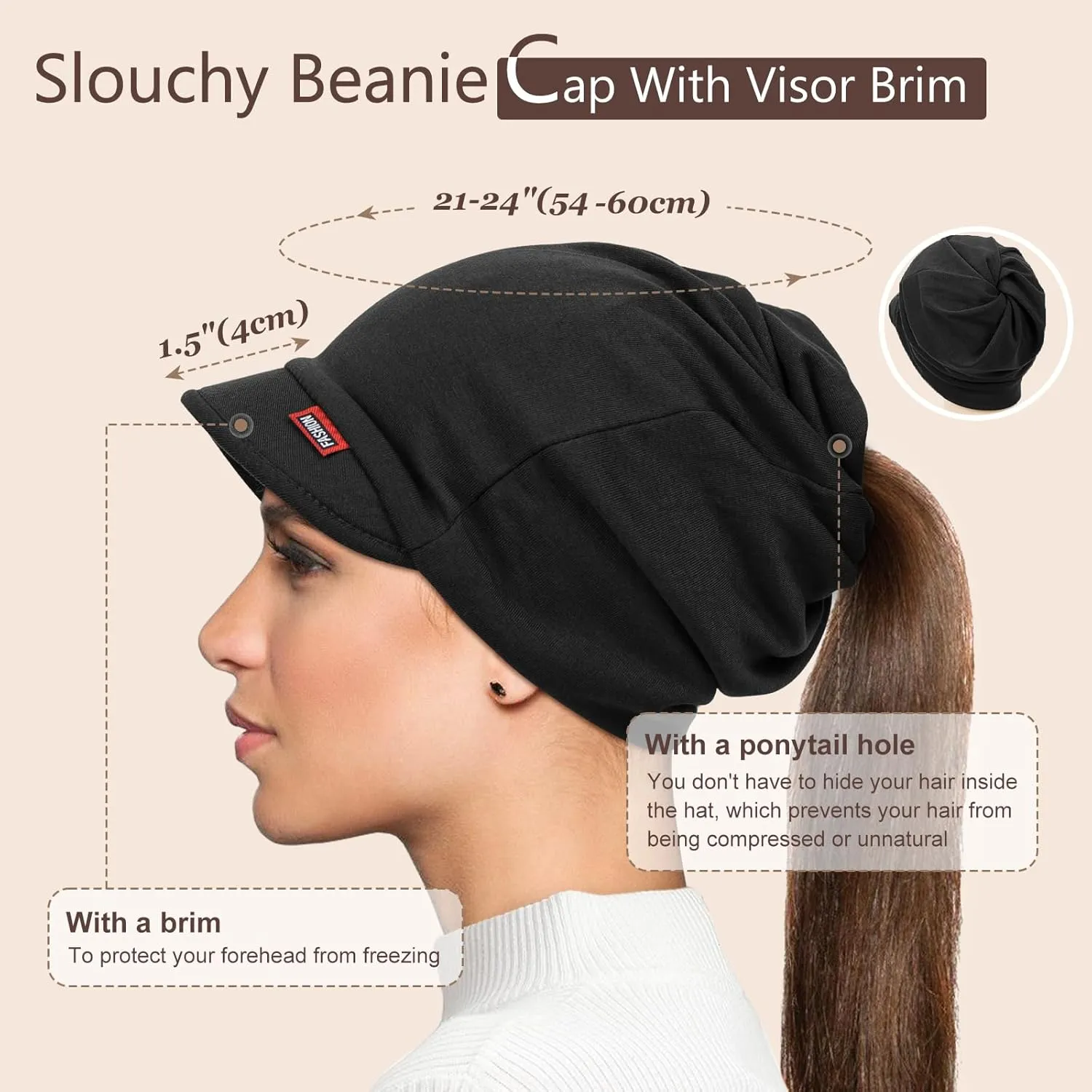 FADACHY Hat for Women - Soft Double-Layer Beanie with Ponytail Hole Spring Fall Winter Hats with Brim/Slouchy Beanie Cap
