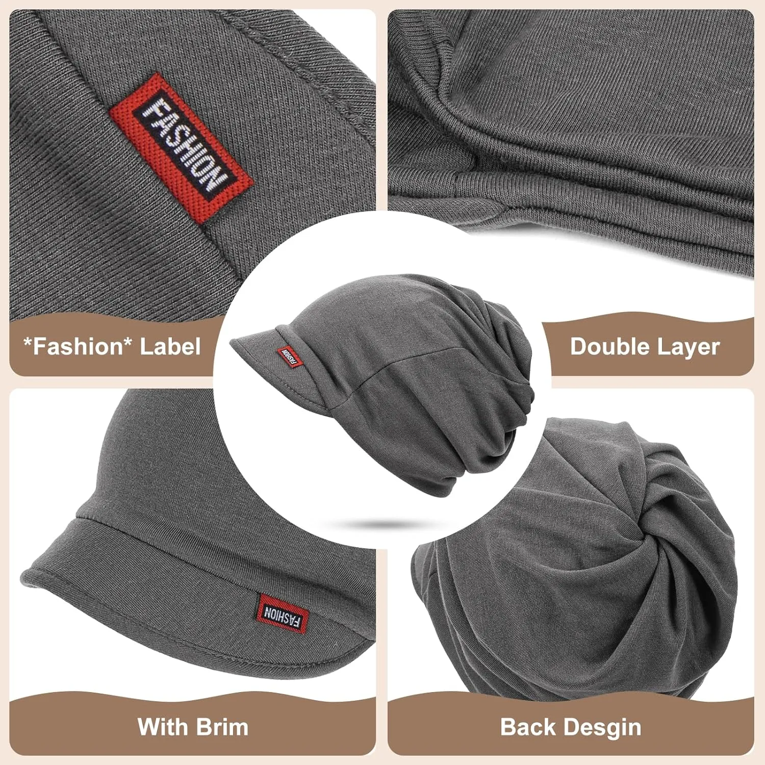 FADACHY Hat for Women - Soft Double-Layer Beanie with Ponytail Hole Spring Fall Winter Hats with Brim/Slouchy Beanie Cap
