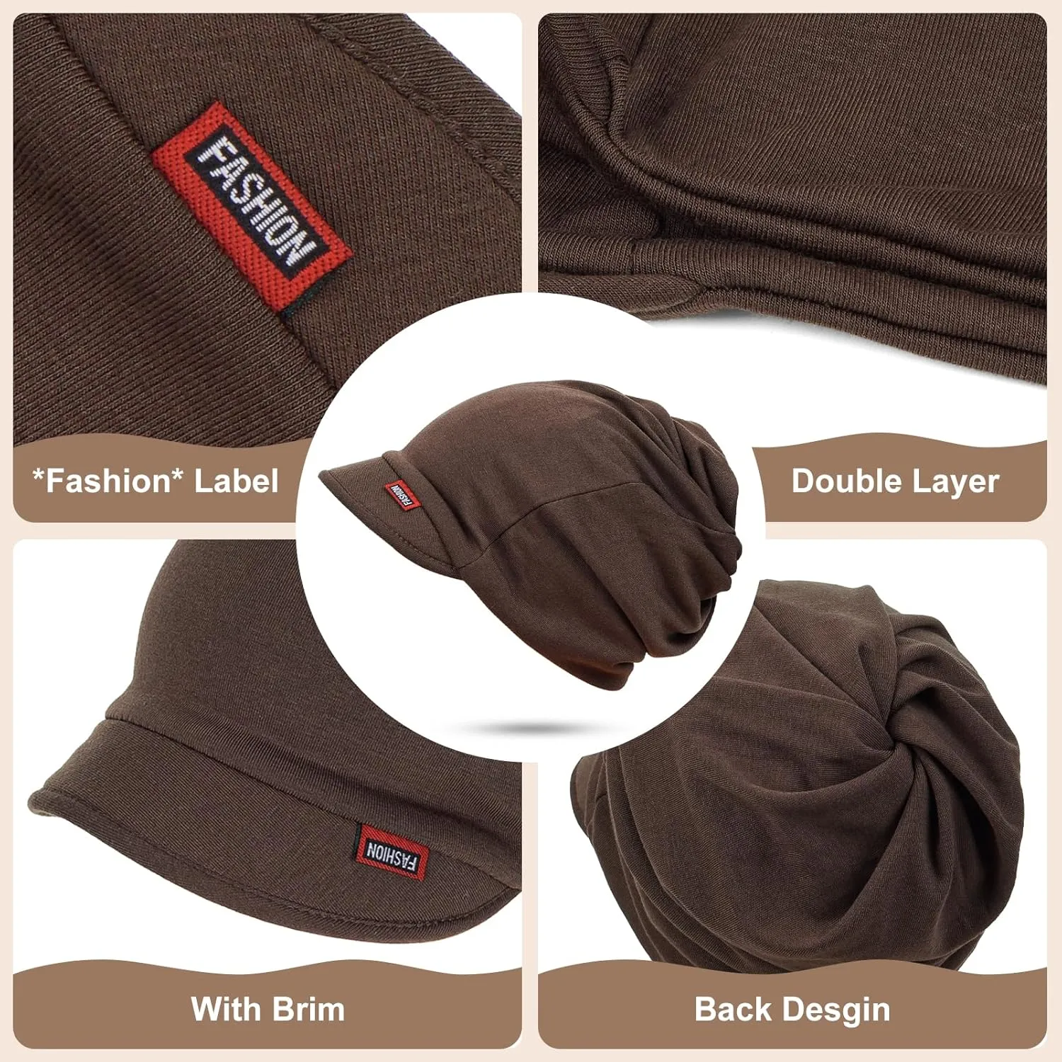 FADACHY Hat for Women - Soft Double-Layer Beanie with Ponytail Hole Spring Fall Winter Hats with Brim/Slouchy Beanie Cap