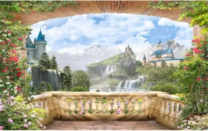 Fantasy Castle Backdrop Wonderland Garden Flowers Waterfall Natural Landscape photography backgrounds Mountains Blue Sky with Balcony View Backdrops Portrait Photo Birthday Party Decors 20x10ft