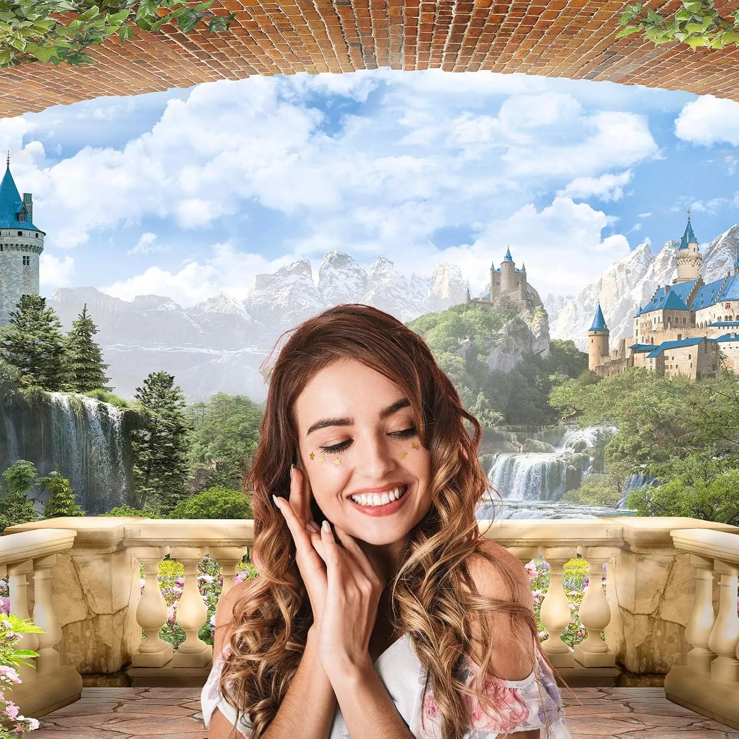 Fantasy Castle Backdrop Wonderland Garden Flowers Waterfall Natural Landscape photography backgrounds Mountains Blue Sky with Balcony View Backdrops Portrait Photo Birthday Party Decors 20x10ft