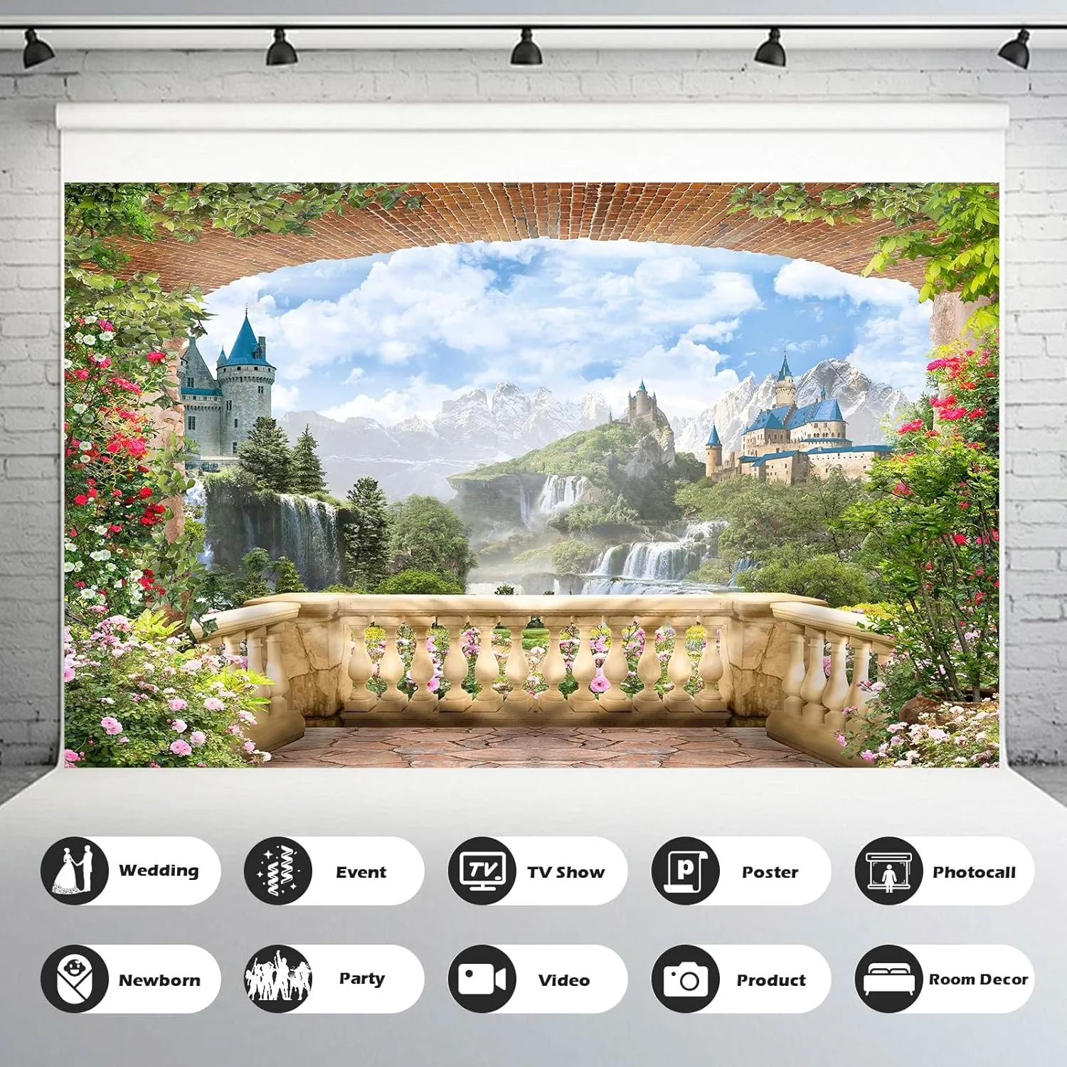 Fantasy Castle Backdrop Wonderland Garden Flowers Waterfall Natural Landscape photography backgrounds Mountains Blue Sky with Balcony View Backdrops Portrait Photo Birthday Party Decors 20x10ft