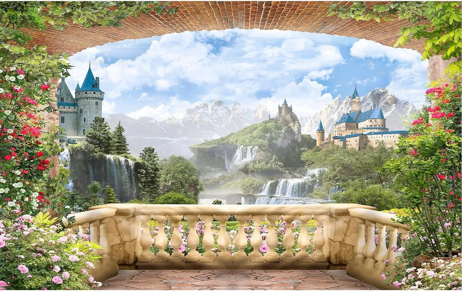 Fantasy Castle Backdrop Wonderland Garden Flowers Waterfall Natural Landscape photography backgrounds Mountains Blue Sky with Balcony View Backdrops Portrait Photo Birthday Party Decors 20x10ft