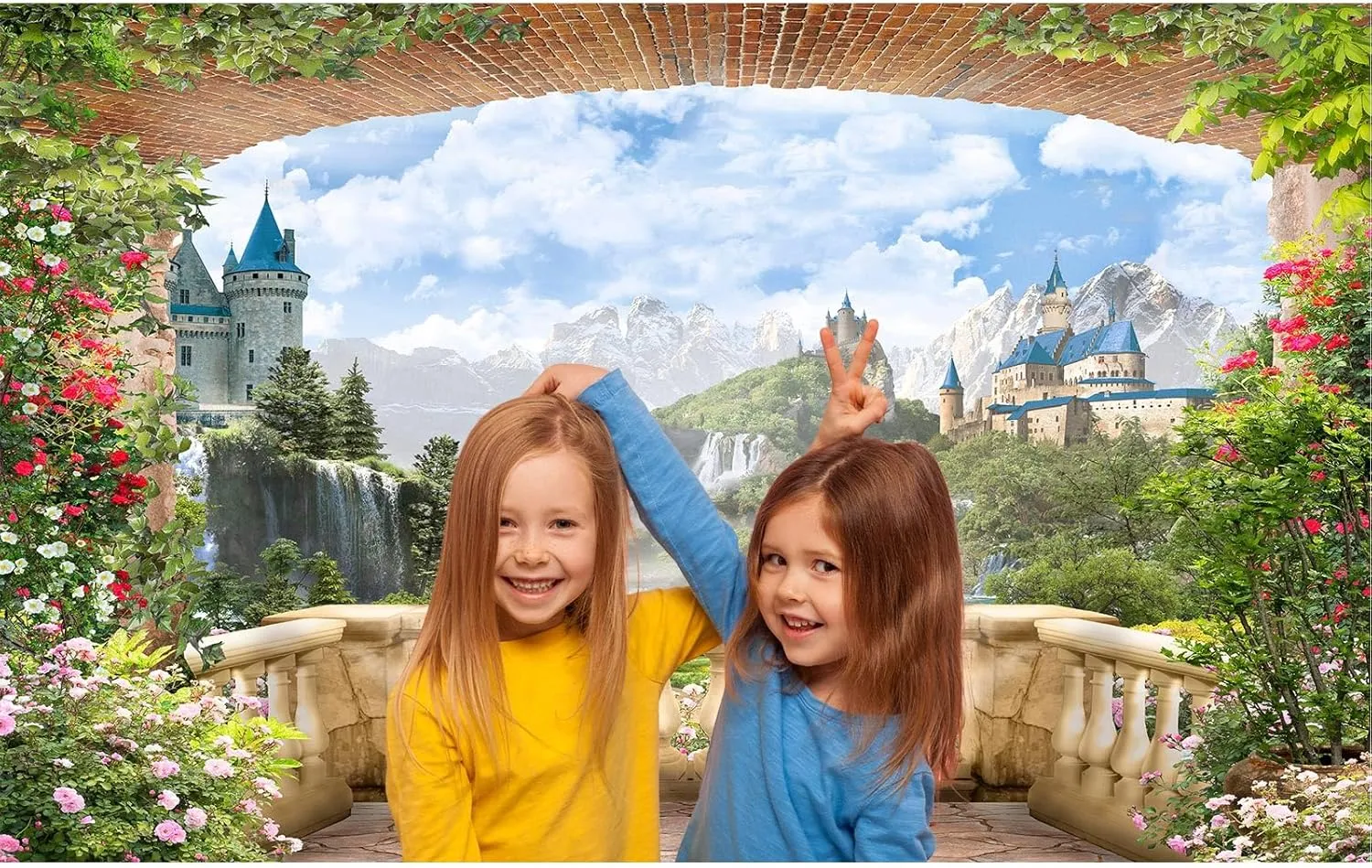Fantasy Castle Backdrop Wonderland Garden Flowers Waterfall Natural Landscape photography backgrounds Mountains Blue Sky with Balcony View Backdrops Portrait Photo Birthday Party Decors 20x10ft