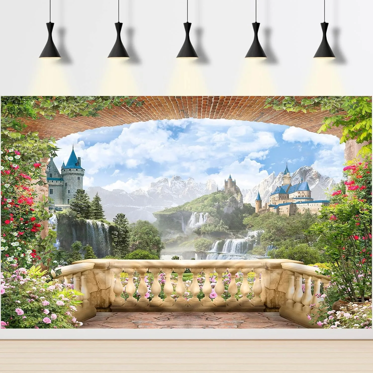 Fantasy Castle Backdrop Wonderland Garden Flowers Waterfall Natural Landscape photography backgrounds Mountains Blue Sky with Balcony View Backdrops Portrait Photo Birthday Party Decors 20x10ft
