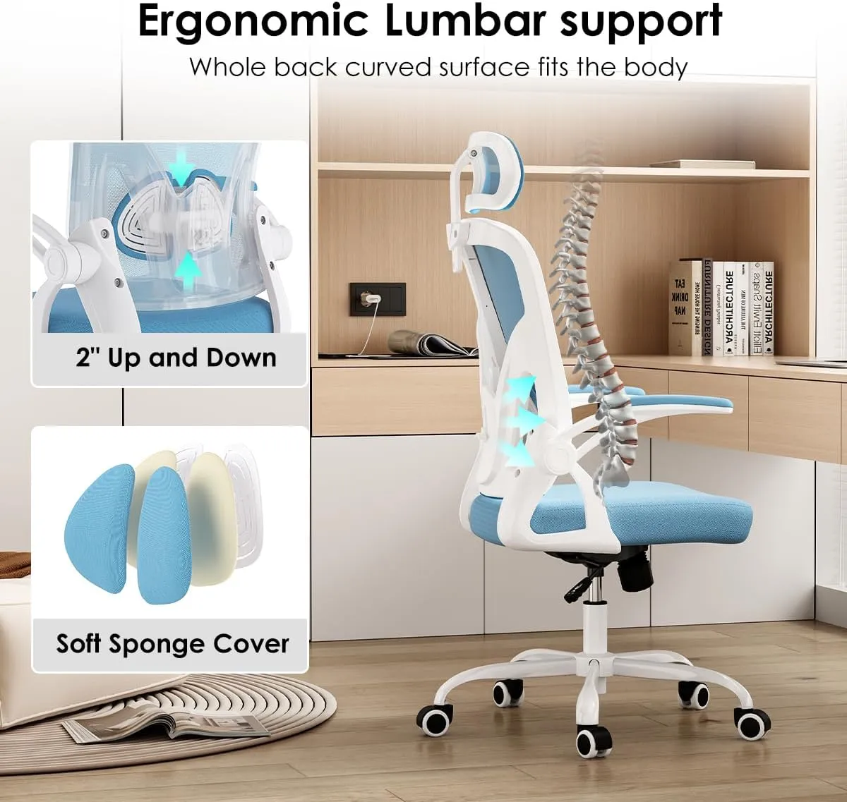 Farini Ergonomic Office Chair, Home Office Desk Chair with Headrest, High Back Computer Chair with Armrests and Adjustable Lumbar Support for Home Office Study Room, White & Blue
