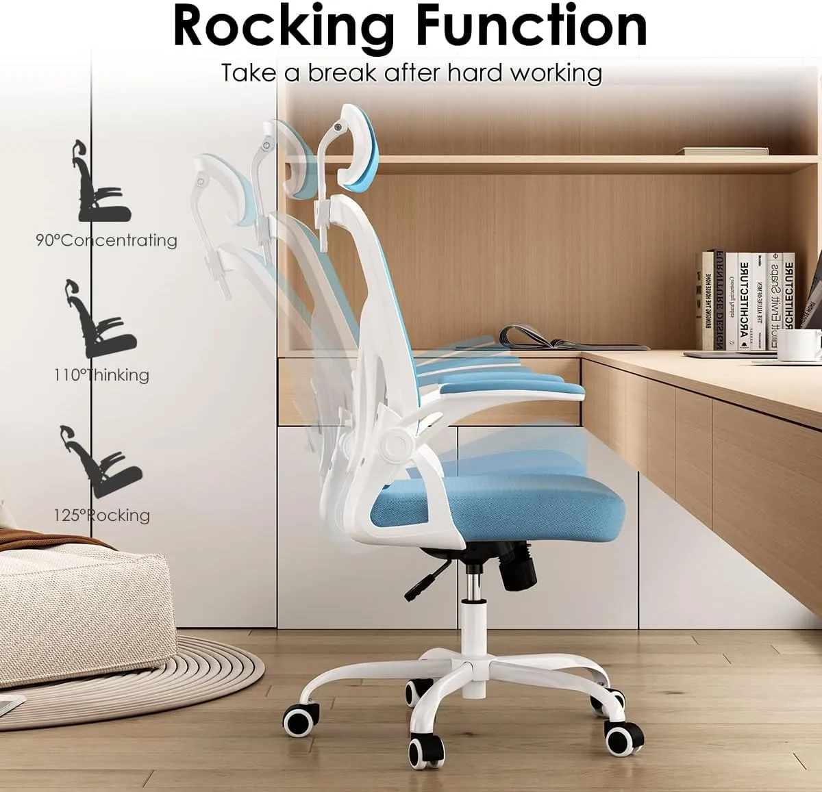 Farini Ergonomic Office Chair, Home Office Desk Chair with Headrest, High Back Computer Chair with Armrests and Adjustable Lumbar Support for Home Office Study Room, White & Blue