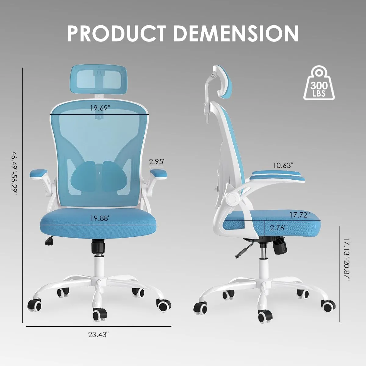 Farini Ergonomic Office Chair, Home Office Desk Chair with Headrest, High Back Computer Chair with Armrests and Adjustable Lumbar Support for Home Office Study Room, White & Blue