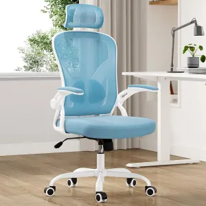 Farini Ergonomic Office Chair, Home Office Desk Chair with Headrest, High Back Computer Chair with Armrests and Adjustable Lumbar Support for Home Office Study Room, White & Blue
