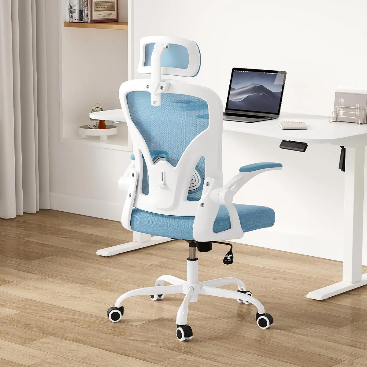 Farini Ergonomic Office Chair, Home Office Desk Chair with Headrest, High Back Computer Chair with Armrests and Adjustable Lumbar Support for Home Office Study Room, White & Blue