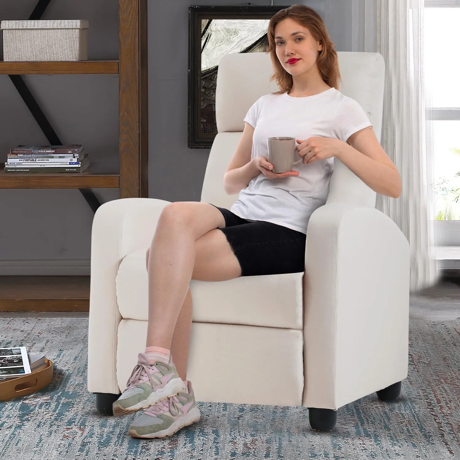 FDW Recliner Chair Home Theater Seating Reclining Sofa Push Back Recliner with Lumbar Support and Fabric Padded Seat Backrest for Living Room (Fabric Beige)