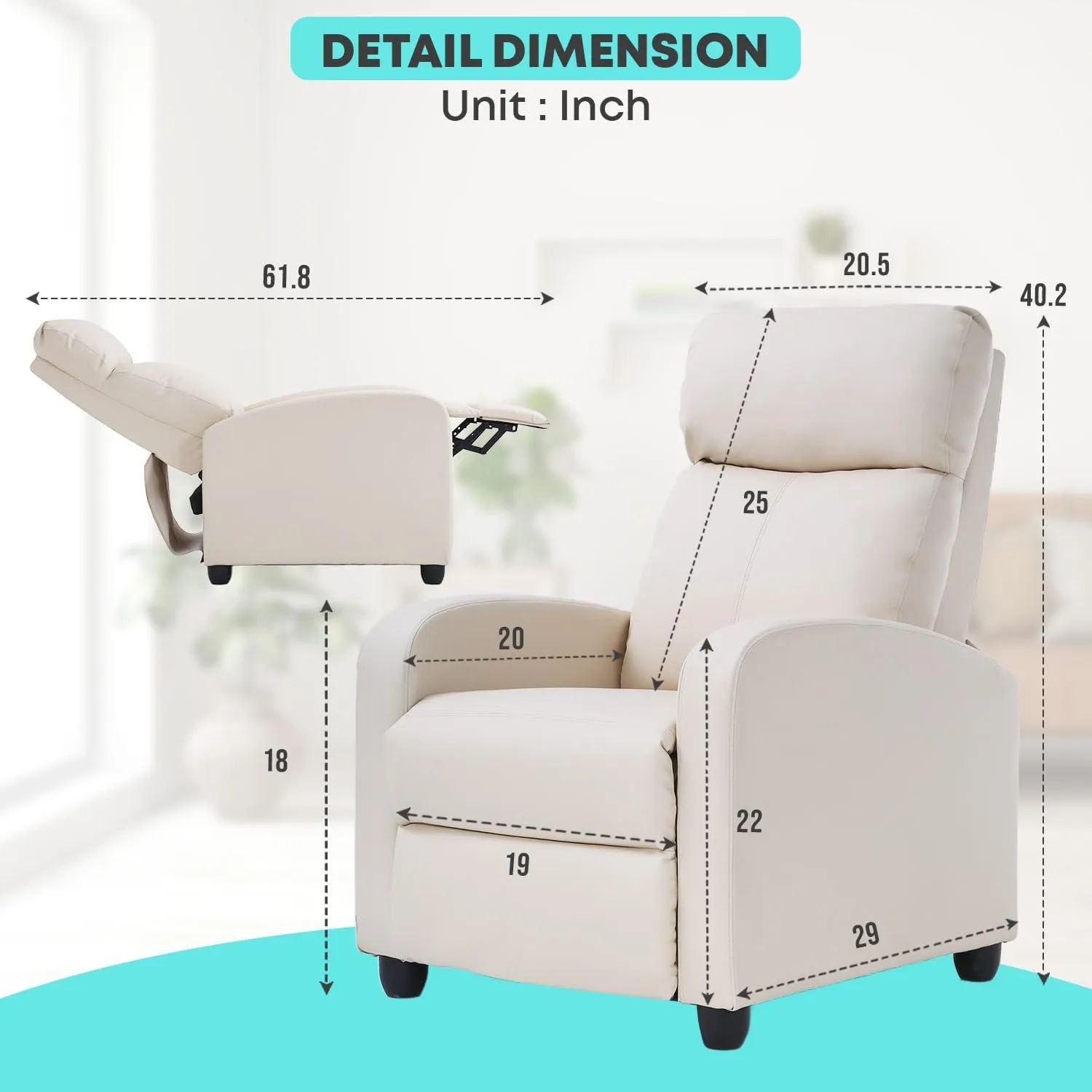 FDW Recliner Chair Home Theater Seating Reclining Sofa Push Back Recliner with Lumbar Support and Fabric Padded Seat Backrest for Living Room (Fabric Beige)