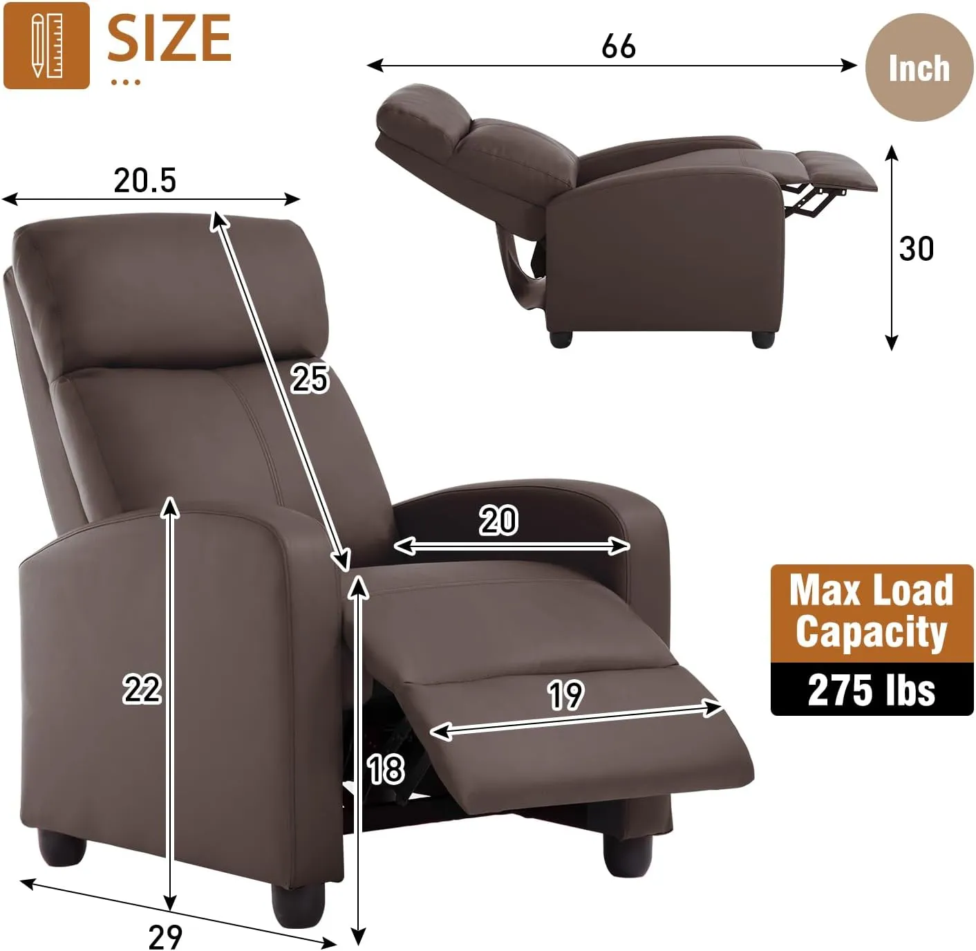 FDW Recliner Chair Single Reclining Sofa Leather Chair Home Theater Seating Living Room Lounge Chaise with Padded Seat Backrest (Brown)