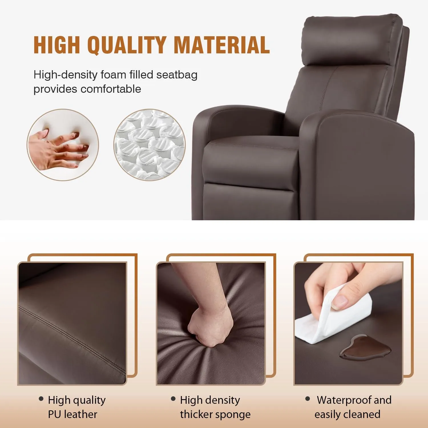 FDW Recliner Chair Single Reclining Sofa Leather Chair Home Theater Seating Living Room Lounge Chaise with Padded Seat Backrest (Brown)