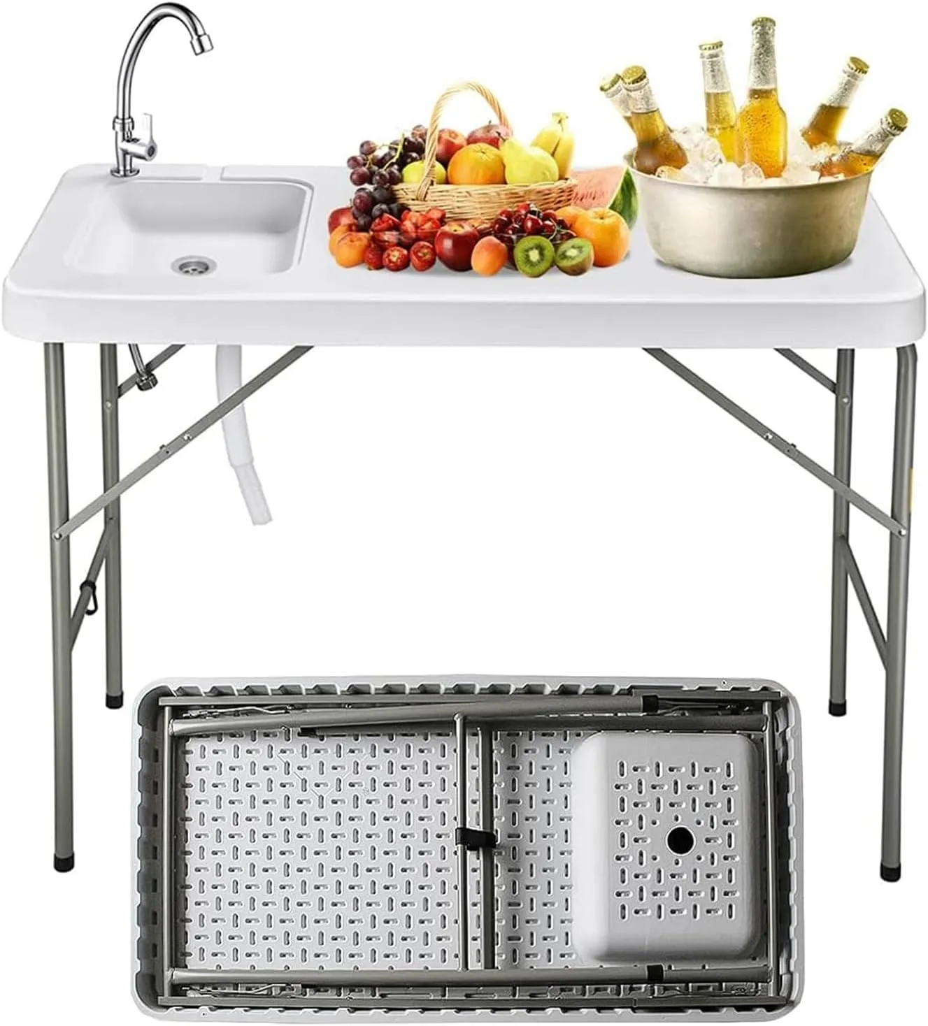 Fish Cleaning Table with Sink, 47'' Folding Portable Camping Outdoor Fillet Station with Detachable Faucet, Drainage Hose for Picnic Camping Kitchen Gardening White