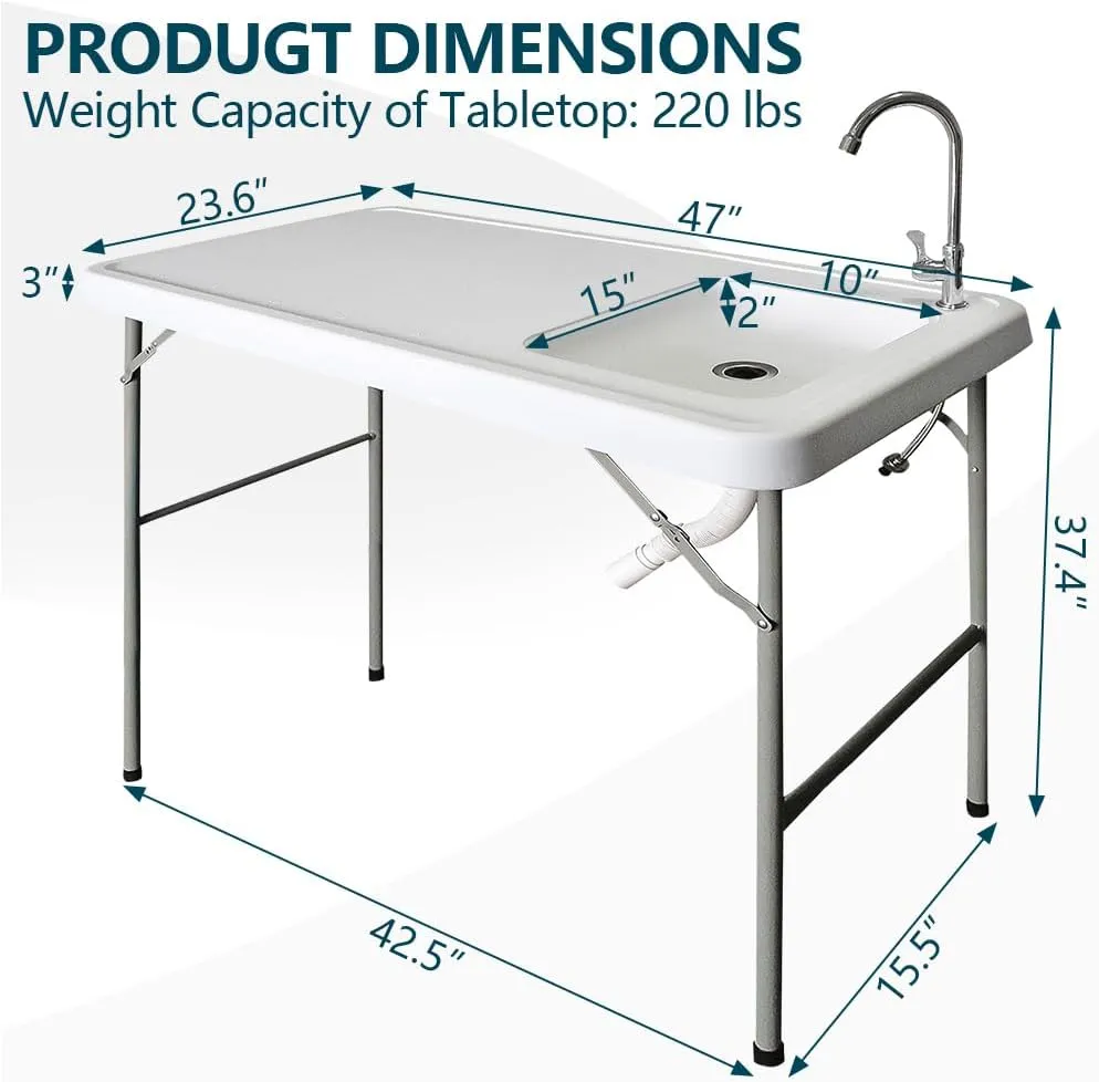 Fish Cleaning Table with Sink, 47'' Folding Portable Camping Outdoor Fillet Station with Detachable Faucet, Drainage Hose for Picnic Camping Kitchen Gardening White