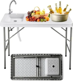 Fish Cleaning Table with Sink, 47'' Folding Portable Camping Outdoor Fillet Station with Detachable Faucet, Drainage Hose for Picnic Camping Kitchen Gardening White