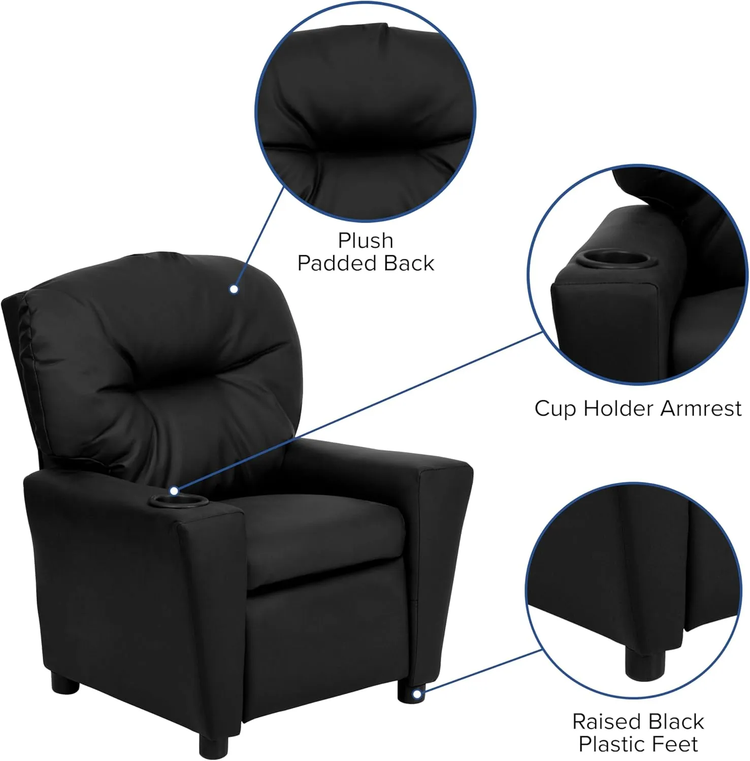Flash Furniture Chandler LeatherSoft Kids Recliner with Cup Holder and Safety Recline, Contemporary Reclining Chair for Kids, Supports up to 90 lbs., Black