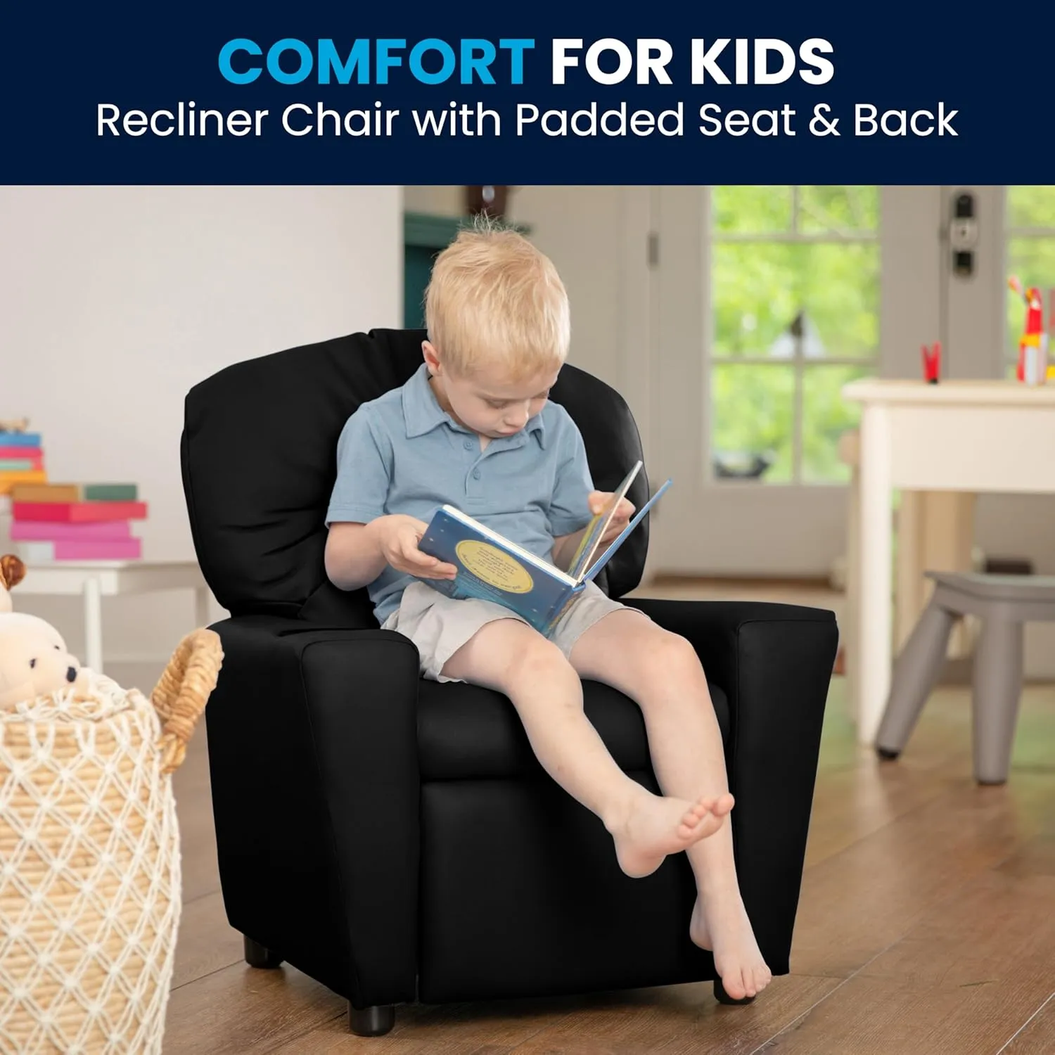 Flash Furniture Chandler LeatherSoft Kids Recliner with Cup Holder and Safety Recline, Contemporary Reclining Chair for Kids, Supports up to 90 lbs., Black